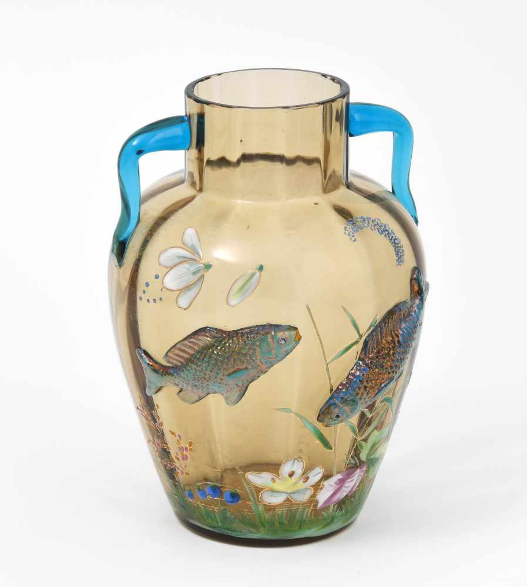 Auguste JeanUm 1880. Vase. Braun getöntes, längsoptisches Glas, Blumen in Emailmalerei,