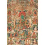 Thangka der Grünen TaraTibet, 18./19.Jh. Tempera und Gold auf Leinwand. In der Mitte die Darstellung