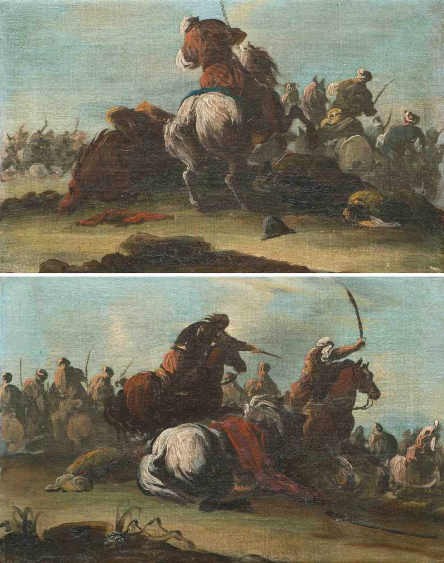 Courtois, Jacques(Saint-Hippolyte 1621–1676 Rom)UmkreisGegenstücke: Schlachtenszenen. Öl auf