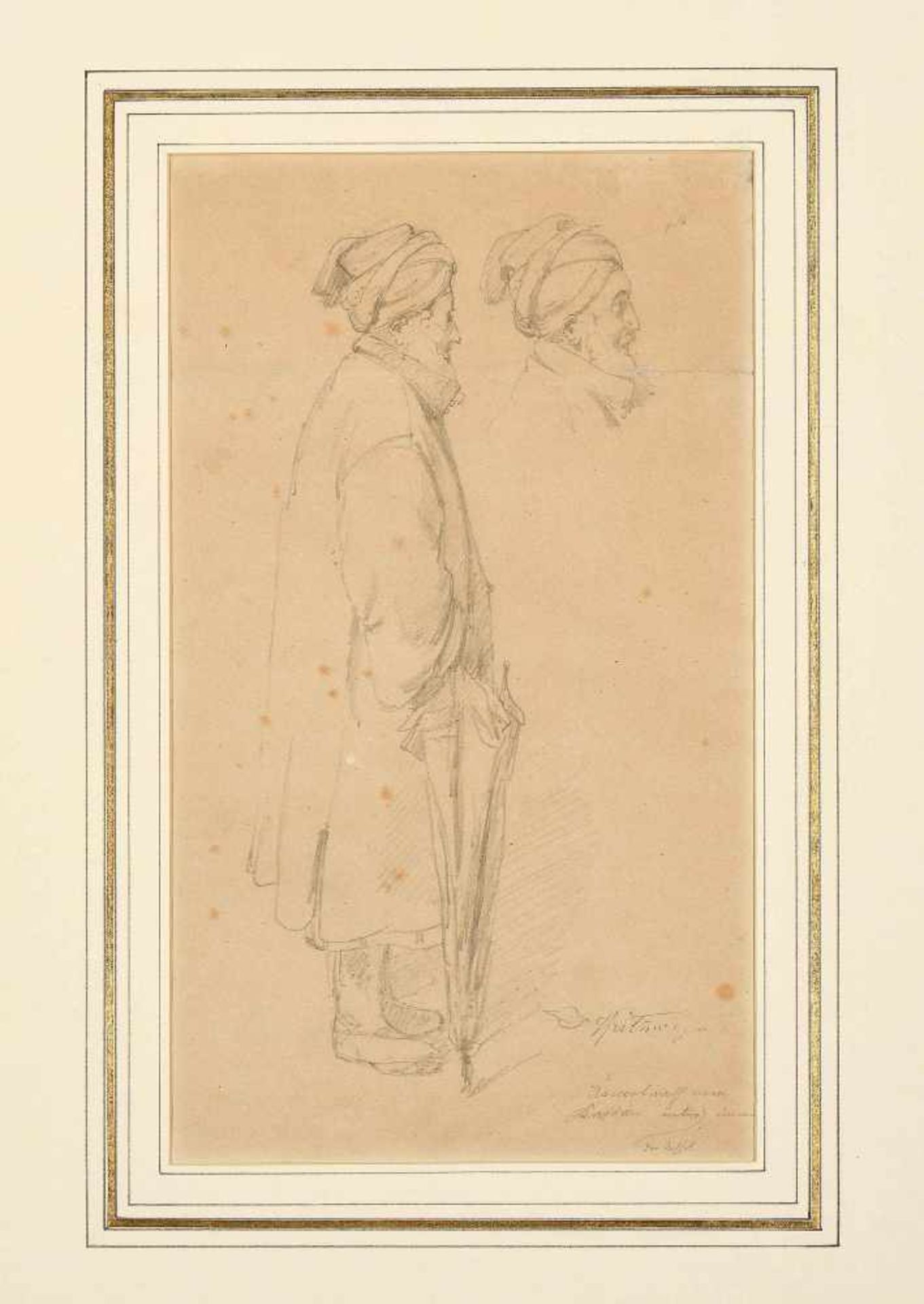 Spitzweg, Carl(1808 München 1885)Mann mit Kaftan, Turban und Schirm. Bleistiftzeichnung, 1851. Mit - Bild 2 aus 7