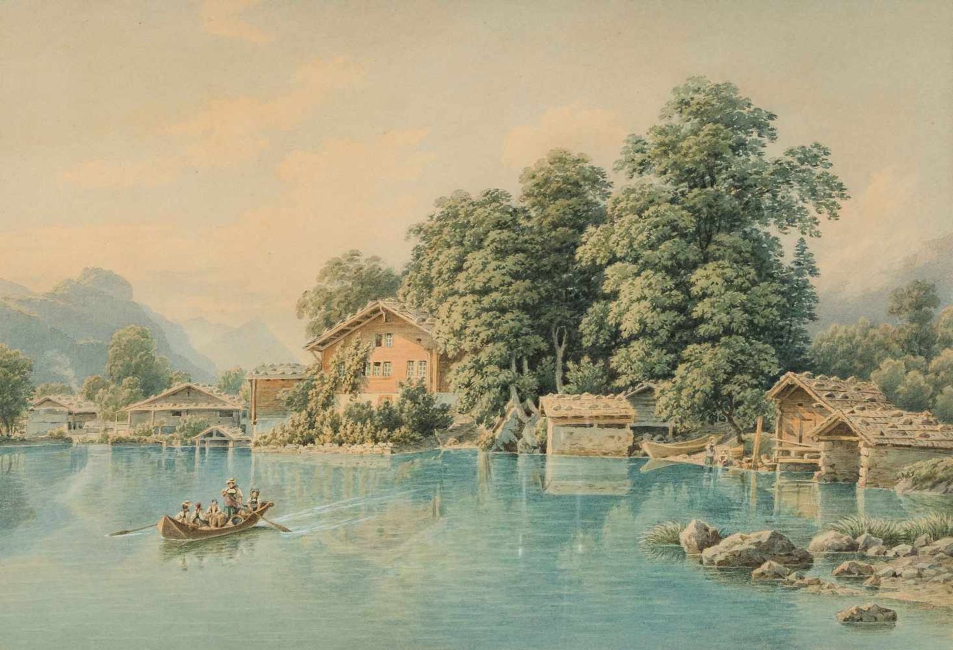 Schweizer Kleinmeister1.Hälfte 19.Jh. Partie am Brienzersee. Aquarell. 25,4x37,8 cm. Gerahmt. - Alte