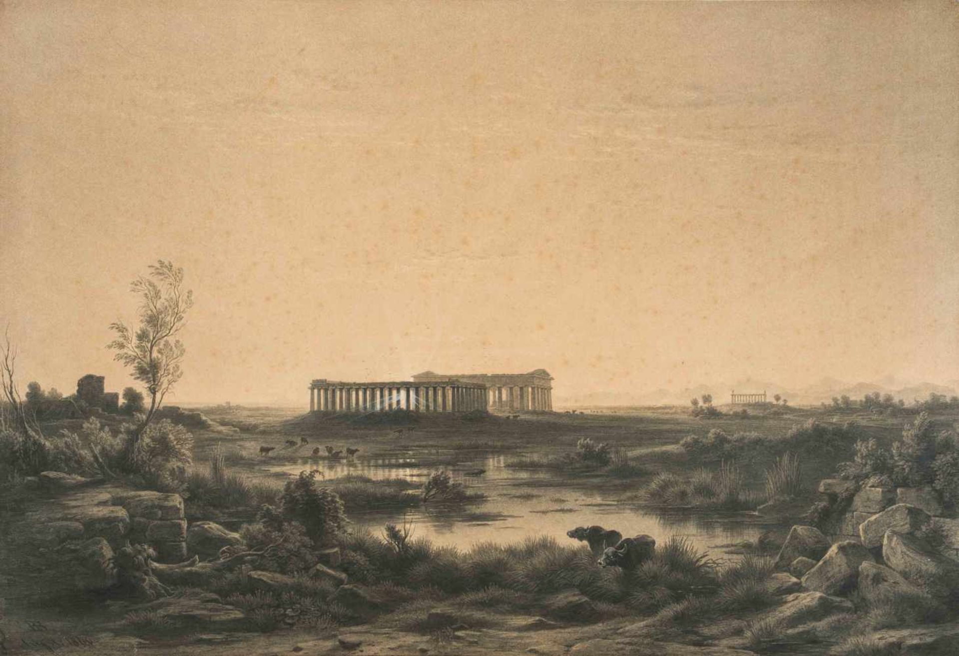 Bühlmann, Johann Rudolf(Hemberg 1812–1890 Zürich)Paestum. Kreidezeichnung. Unten links monogrammiert