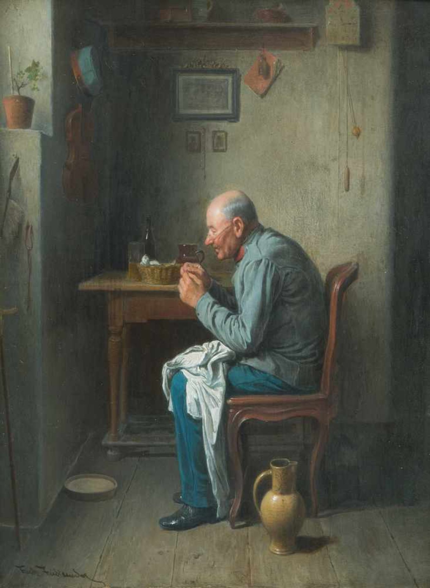 Friedländer, Friedrich(Kohljanowitz 1825–1901 Wien)"Ungewöhnliche Arbeit". Öl auf Holz. Unten