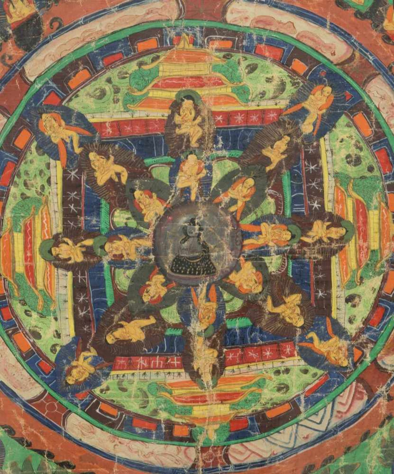 Grosses MandalaNepal, 20.Jh. Gouache auf Stoff. Kosmologisches Diagramm mit fünf Mandalas. 87x66. In - Bild 6 aus 13