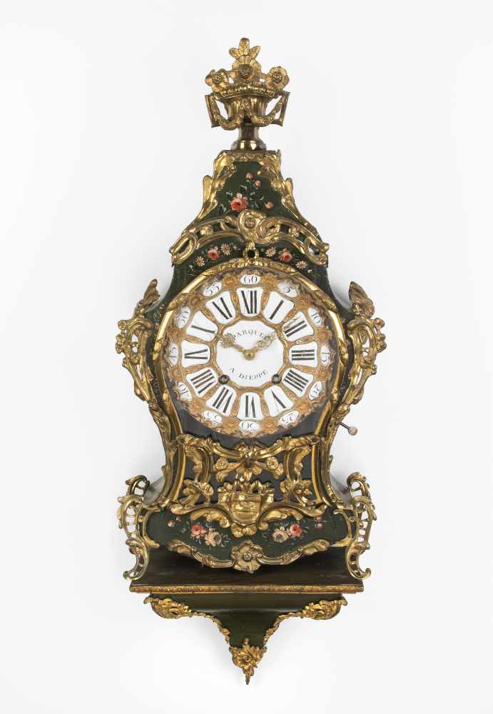 Pendule mit Sockel, Dubois ParisFrankreich, 19.Jh. Grünes Holzgehäuse mit Blumenmalerei, Messing-