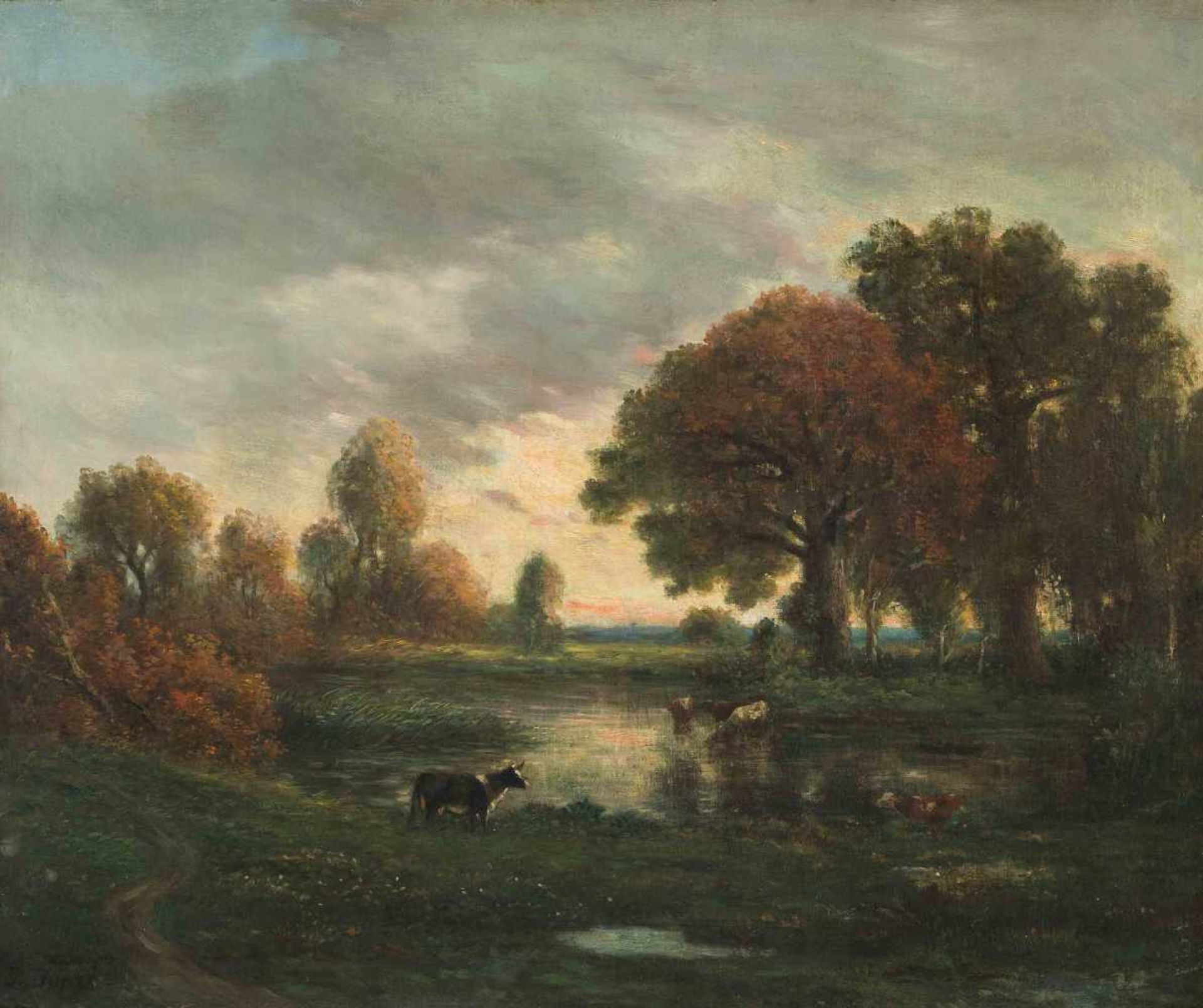 Dupré, Jules (Nantes 1811–1889 Isle-Adam)Landschaft in der Corrèze mit Kühen. Öl auf Leinwand. Unten