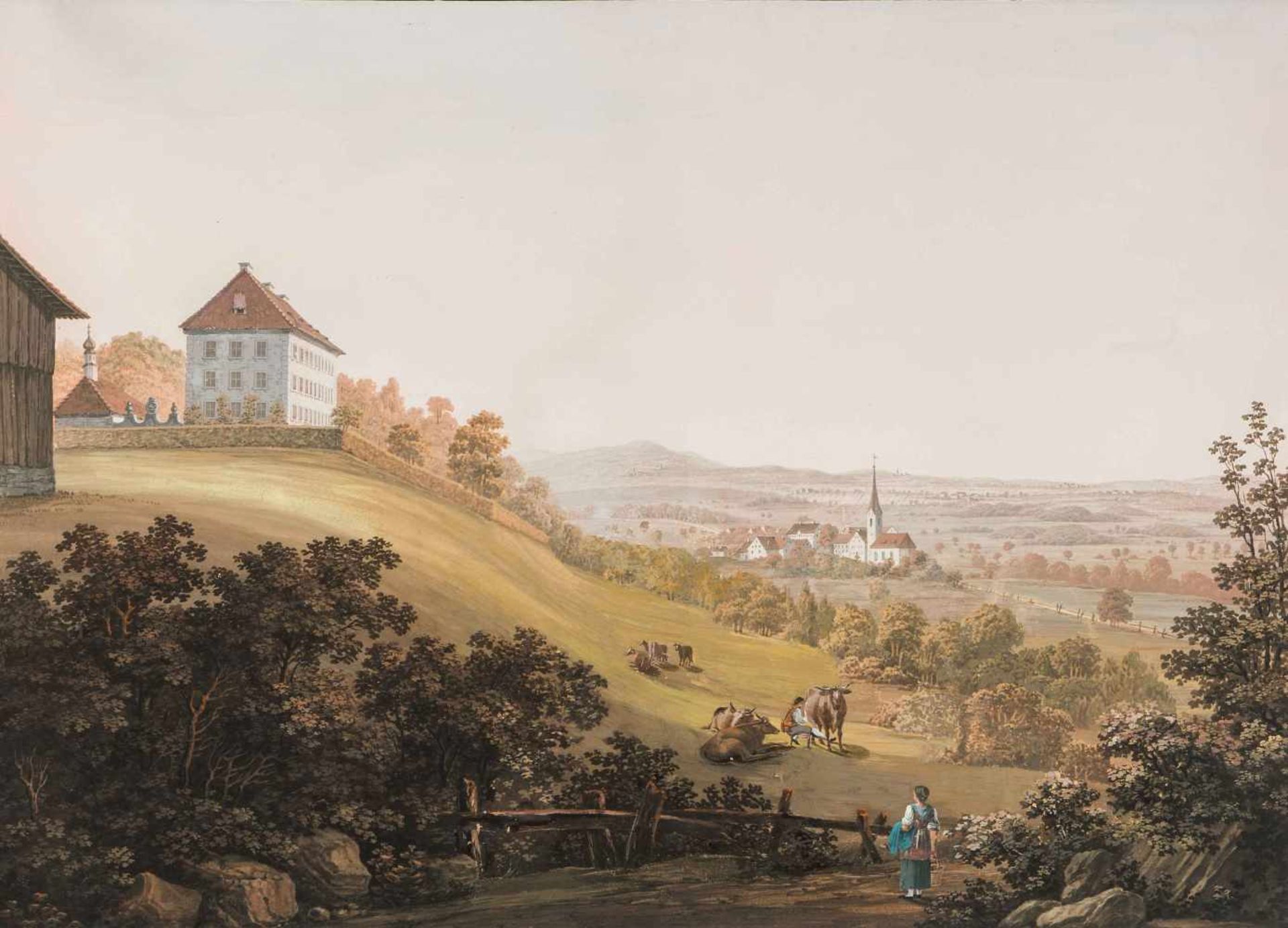 Anonym, Mitte 19.Jh.Blick auf Schloss Eppishausen und das Dorf Erlen. Gouache. 44,5x63,3 cm.