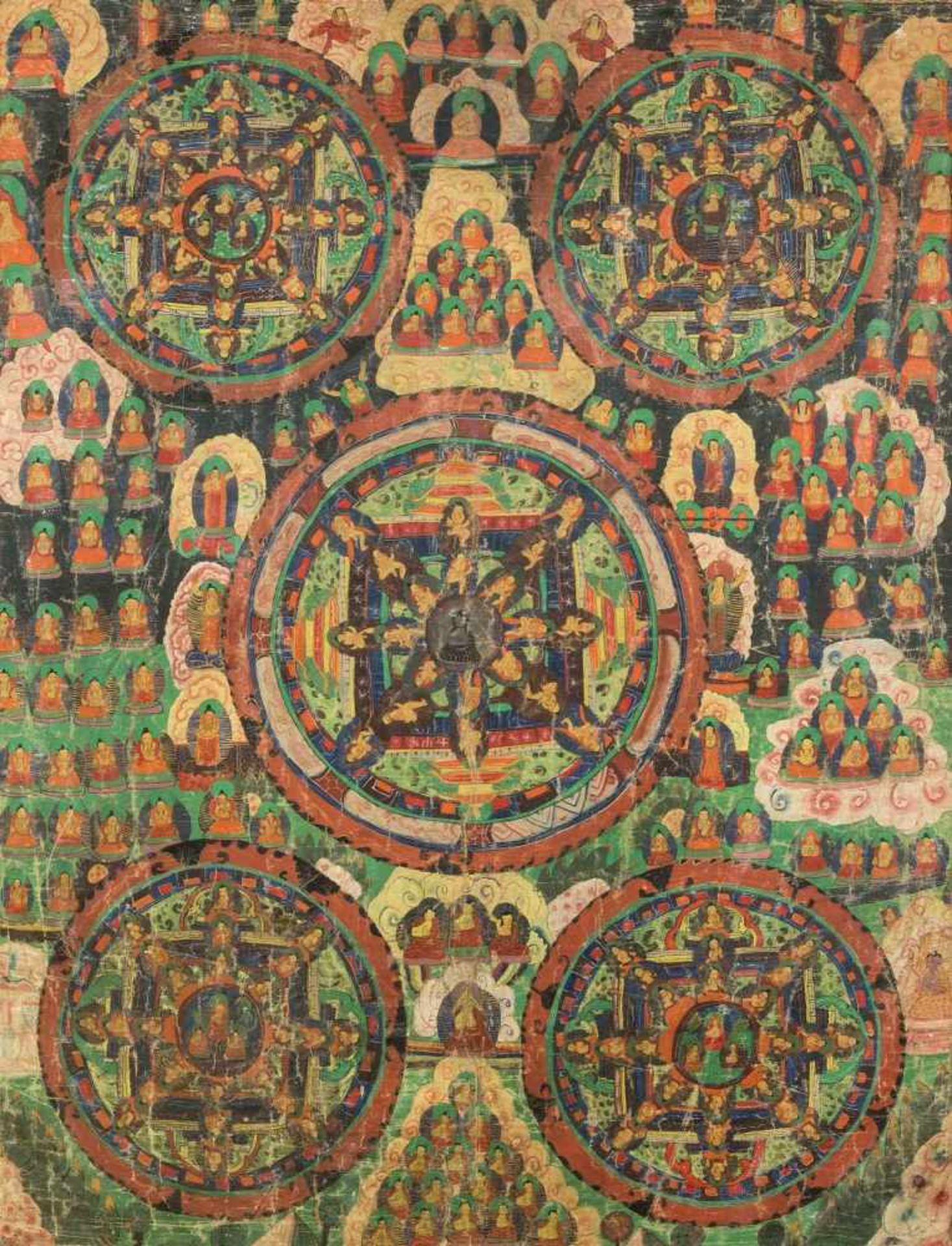 Grosses MandalaNepal, 20.Jh. Gouache auf Stoff. Kosmologisches Diagramm mit fünf Mandalas. 87x66. In
