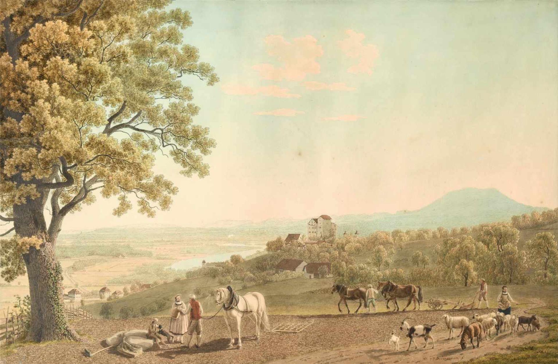 Biedermann, Johann Jakob(Winterthur 1763–1830 Zürich)Schloss Wildegg. Kol. Umrissradierung, 1800.