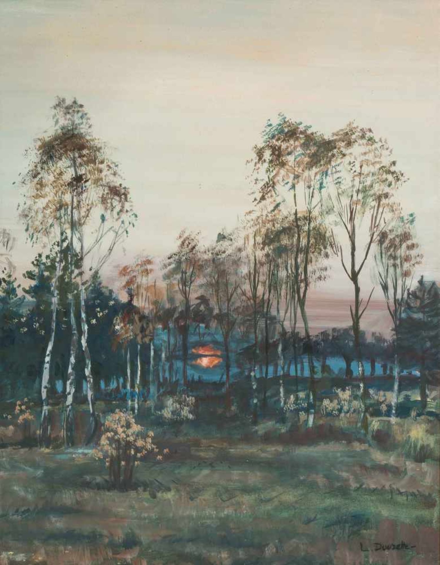 Douzette, Louis(Tribsees 1834–1924 Barth)Morgenröte im Birkenwald. Deckfarben auf Papier. U. r. voll