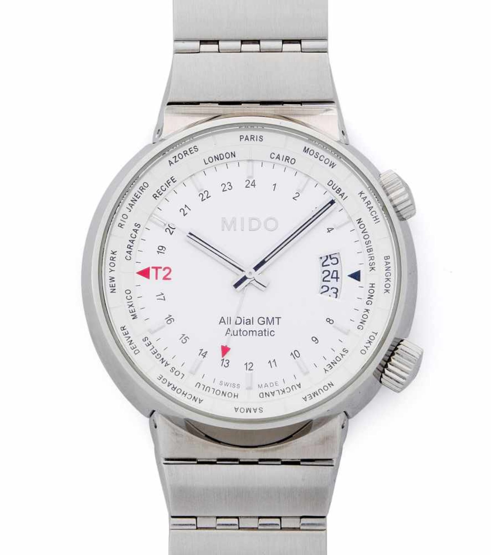 Mido GMTRunde, automatische Armbanduhr um 2000 in Stahlgehäuse. Boden verschraubt mit Sichtglas