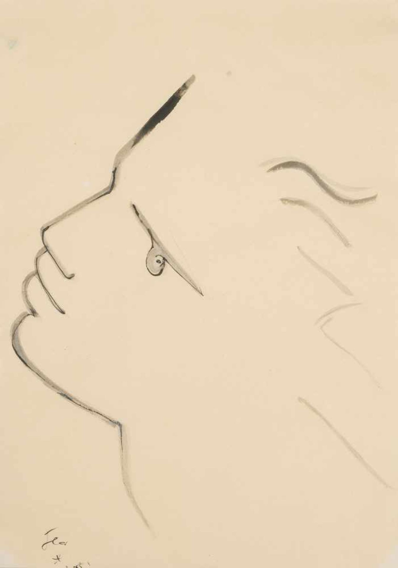 Cocteau, Jean(Maison-la-Fitte 1889–1963 Milly-la-Fôret)"Profile". 1951. Tusche auf Papier. Unten