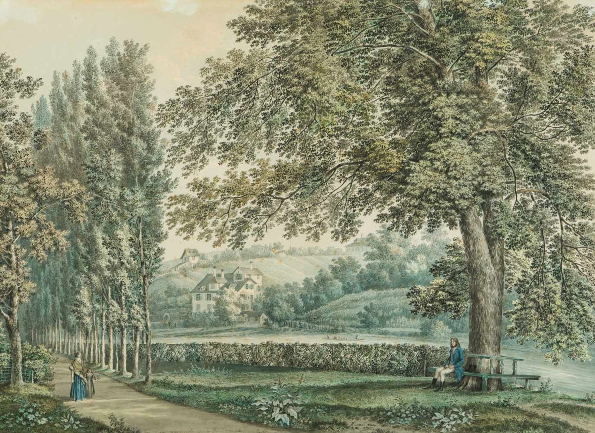 Rieter, Heinrich(Winterthur 1751–1818 Bern)"Vue d'une promenade près du Limat à Zurich". Aquarell