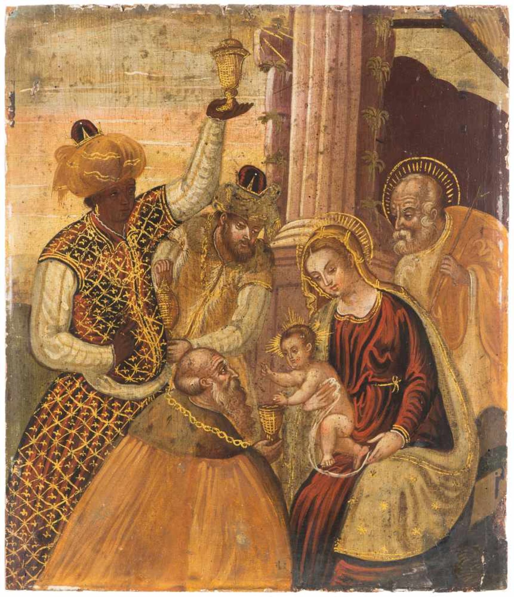 Anbetung der KönigeGreco-venezianisch, 18.Jh. Tempera über Kreidegrund auf Holz. Am linken