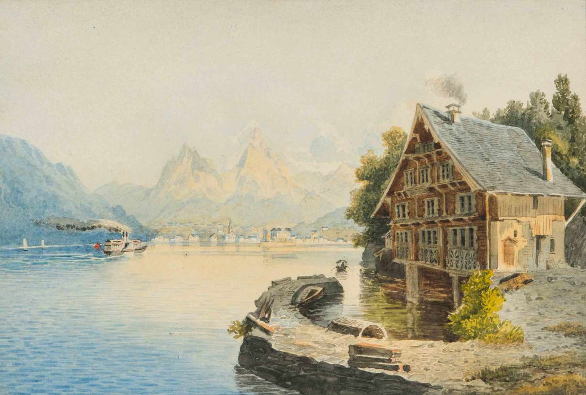 Lorenz, Georg Alexander(Rickenbach 1837–1909 Zürich)Die Treib am Vierwaldstättersee. Aquarell. Verso