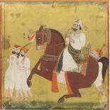 MiniaturmalereiIndien, 19.Jh. Deckfarben und Gold auf Papier. Ein Fürst zu Pferd, begleitet von zwei