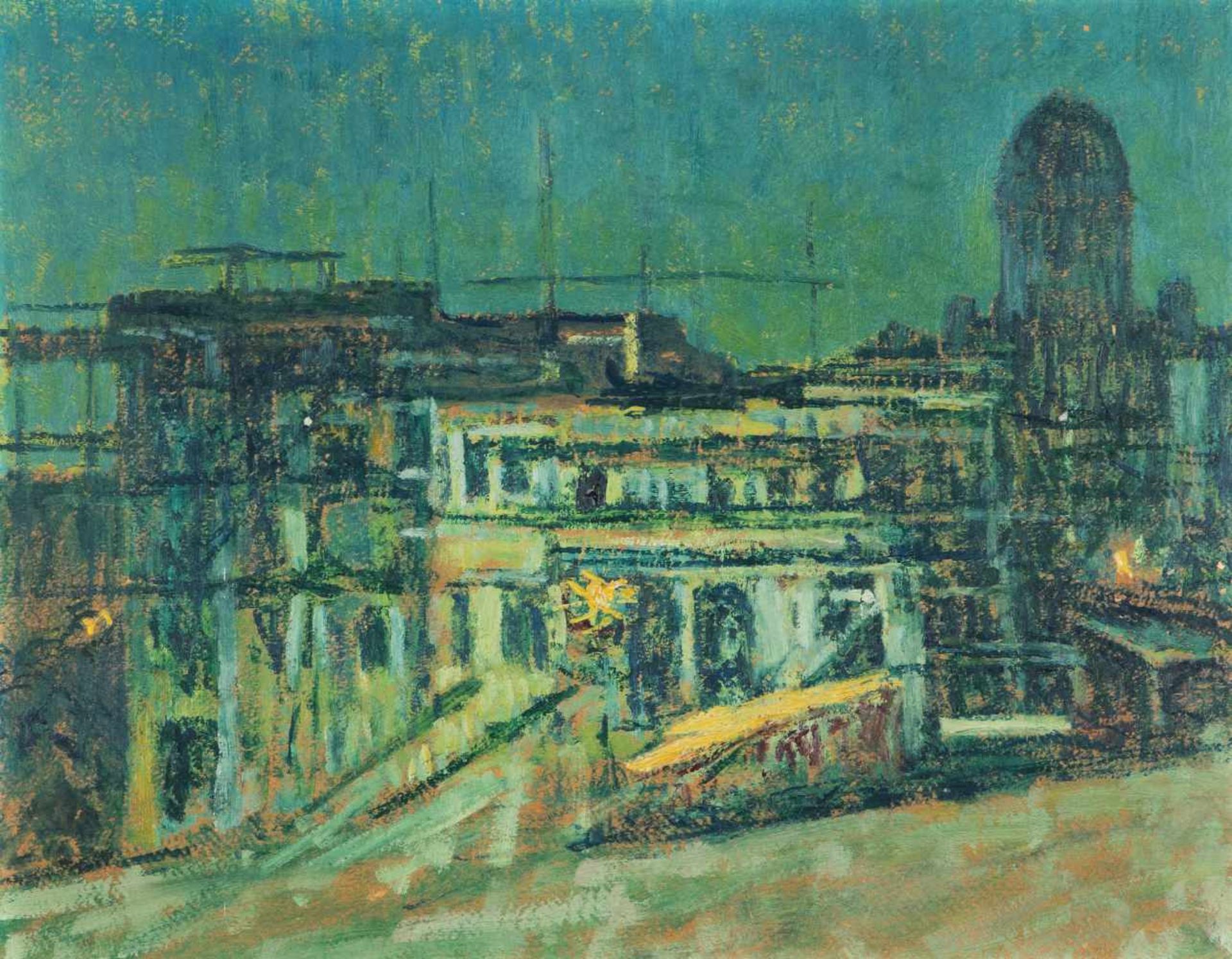 Righini, Sigismund(Stuttgart 1870–1937 Zürich)"Bau bei Nacht", 1910. Öl auf Karton. 29x37 cm.