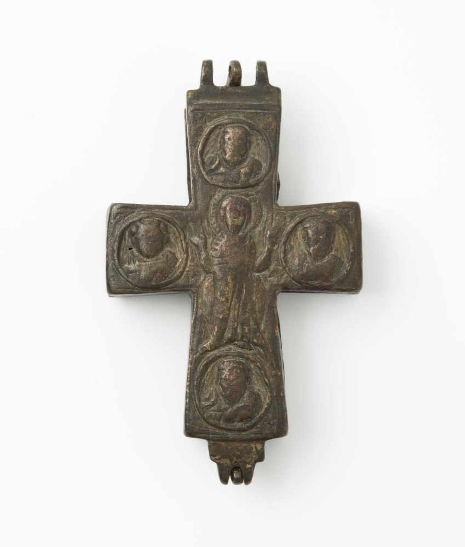 Enkolpion Spätbyzantinisch, 10.–12.Jh. Bronze mit dunkler Patina. 2 mit Scharnieren verbundene
