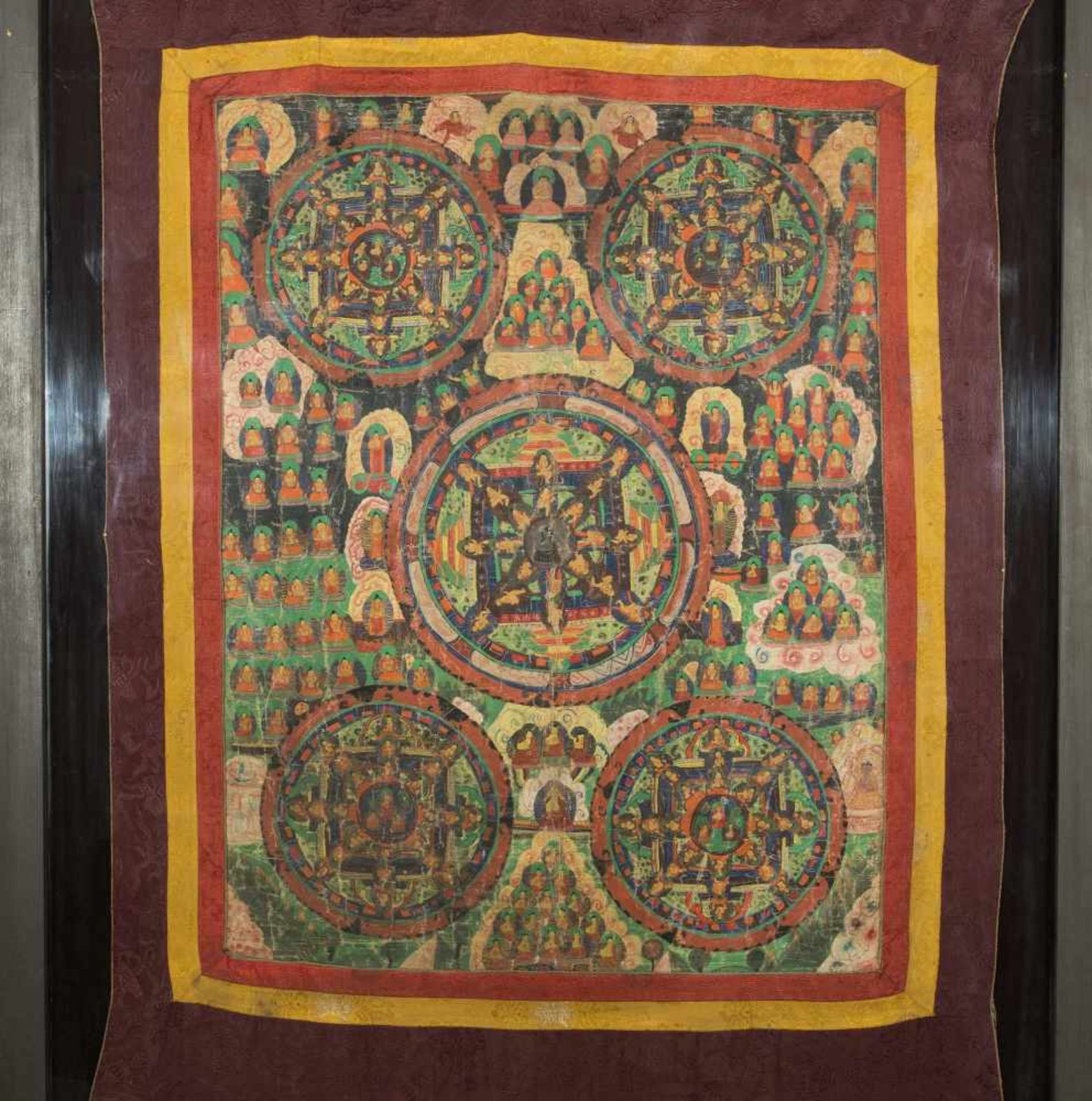 Grosses MandalaNepal, 20.Jh. Gouache auf Stoff. Kosmologisches Diagramm mit fünf Mandalas. 87x66. In - Bild 2 aus 13