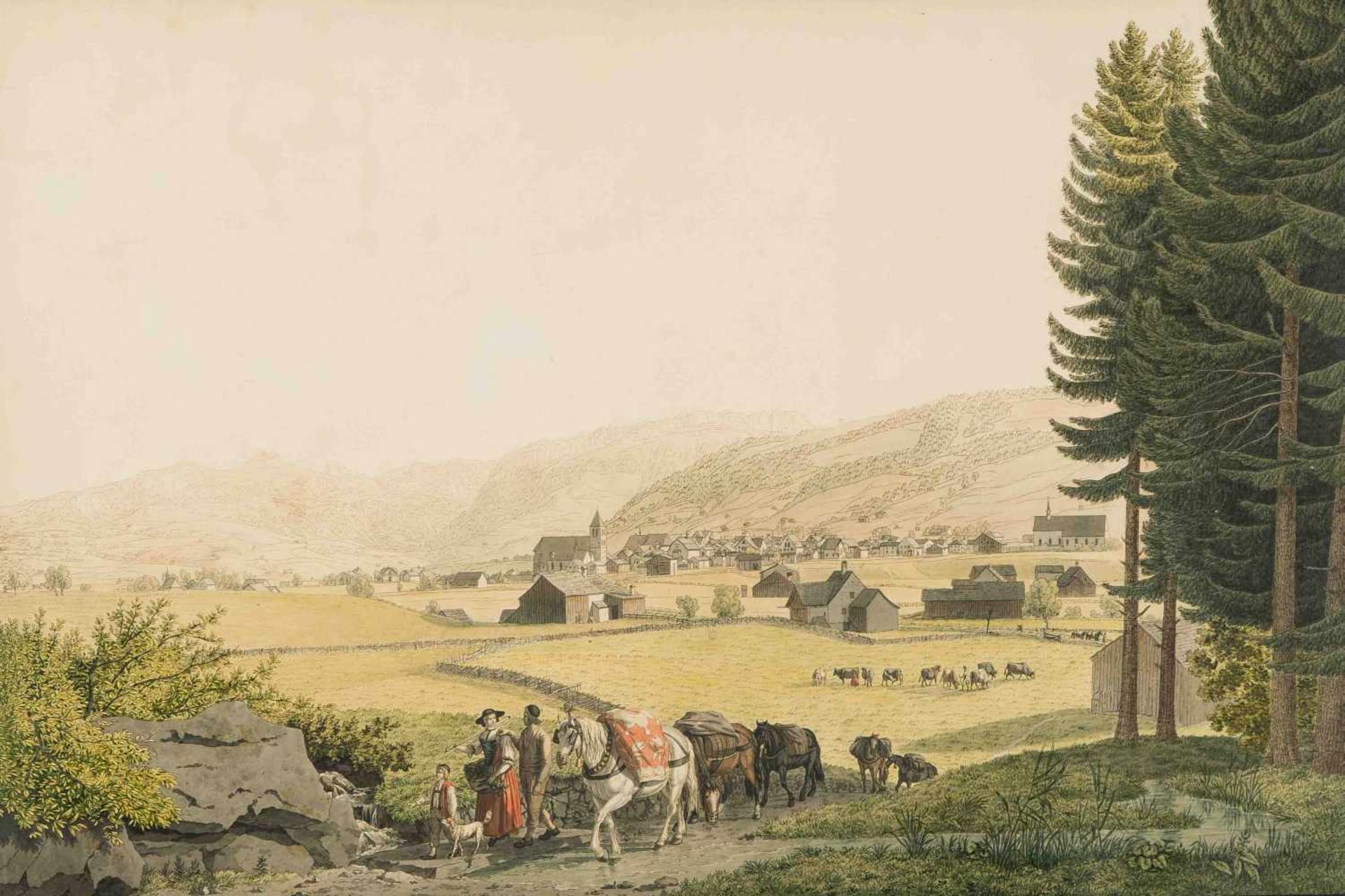 Biedermann, Johann Jakob(Winterthur 1763–1830 Zürich)"Vue du Bourg d'Appenzell". Kol.