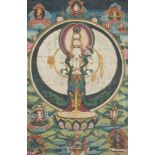 Thangka der Avalokiteshvara Sahasra-BhujaTibet. Gouache auf Stoff. Der Bodhisattva der