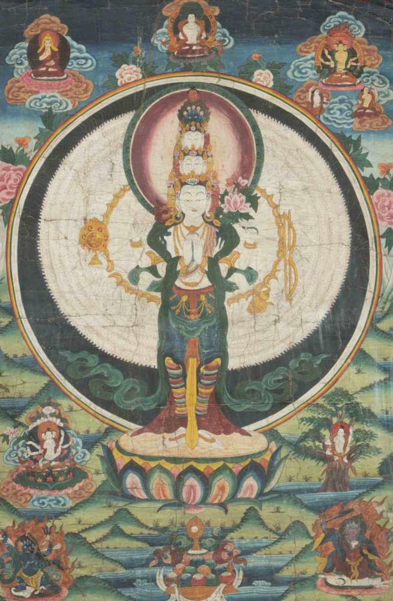 Thangka der Avalokiteshvara Sahasra-BhujaTibet. Gouache auf Stoff. Der Bodhisattva der