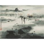 Jiang Mingxian (Taizhong, Taiwan 1942)Tusche und Farben auf Papier. Weiter Park mit Bäumen und