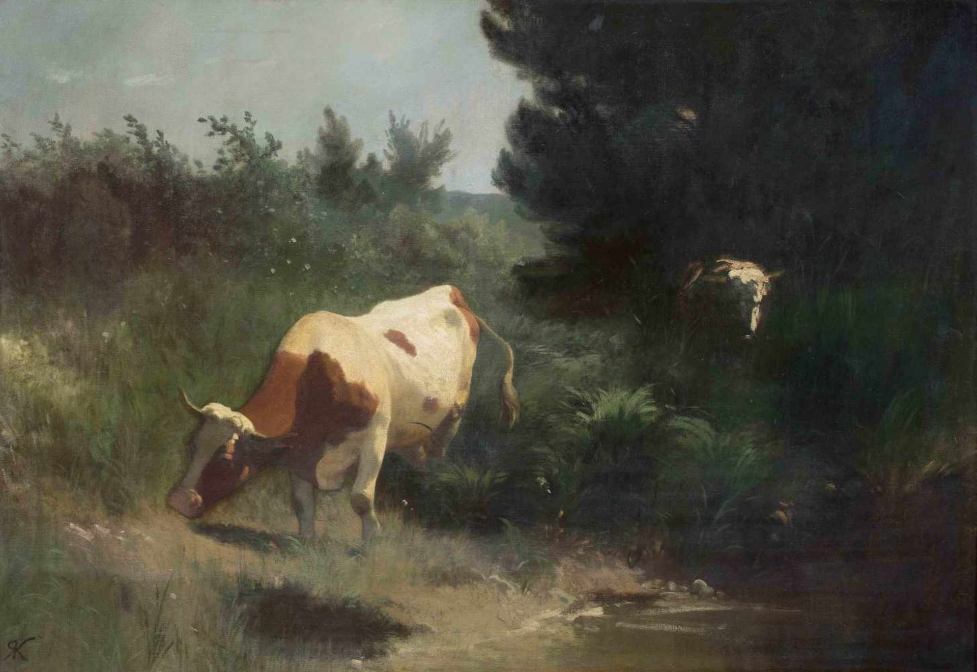Koller, Rudolf(1828 Zürich 1905) Zwei Kühe am Seeufer. Öl auf Leinwand. Unten links monogrammiert.