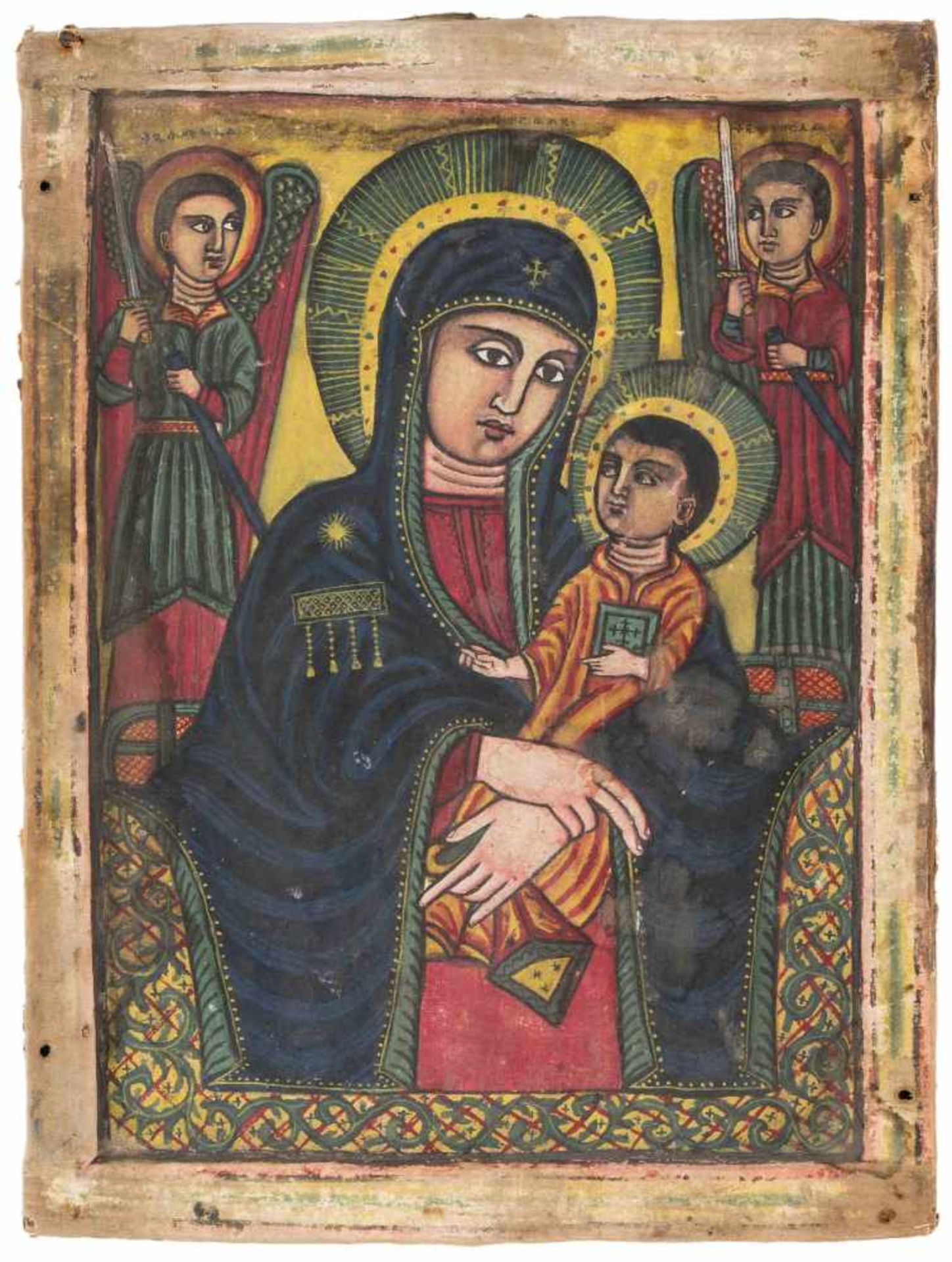 Gottesmutter mit Kind Äthiopien, 19.Jh. Farbige Malerei über Kreidegrund und Leinwand auf Holz. Im