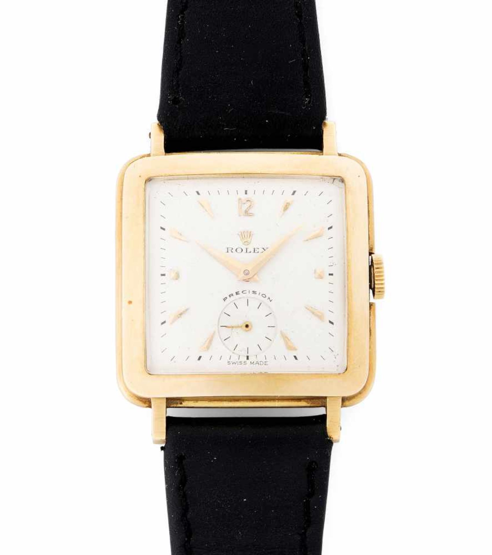 Rolex PrecisionQuadratische, mechanische Armbanduhr 50er Jahre mit Handaufzug in 750 Gelbgoldgehäuse