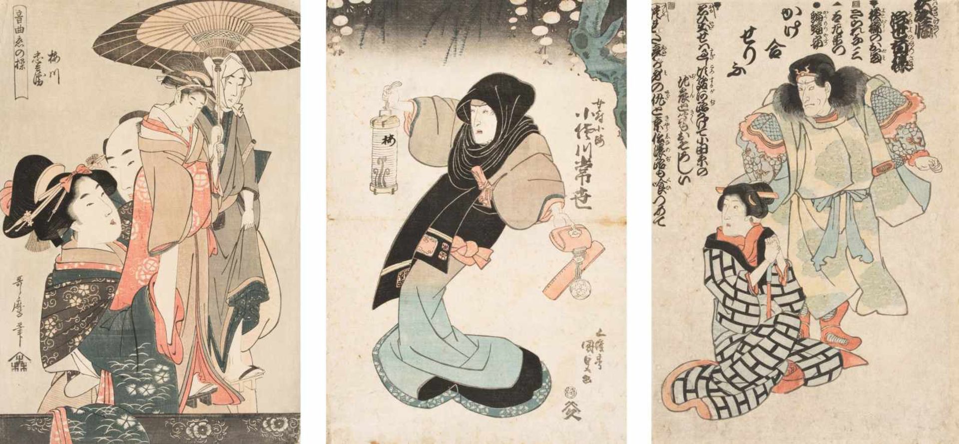 Lot: 3 HolzschnitteKunisada Toyokuni III (1786–1864), Schauspielerportait. / Utamaro (1753–1806), "