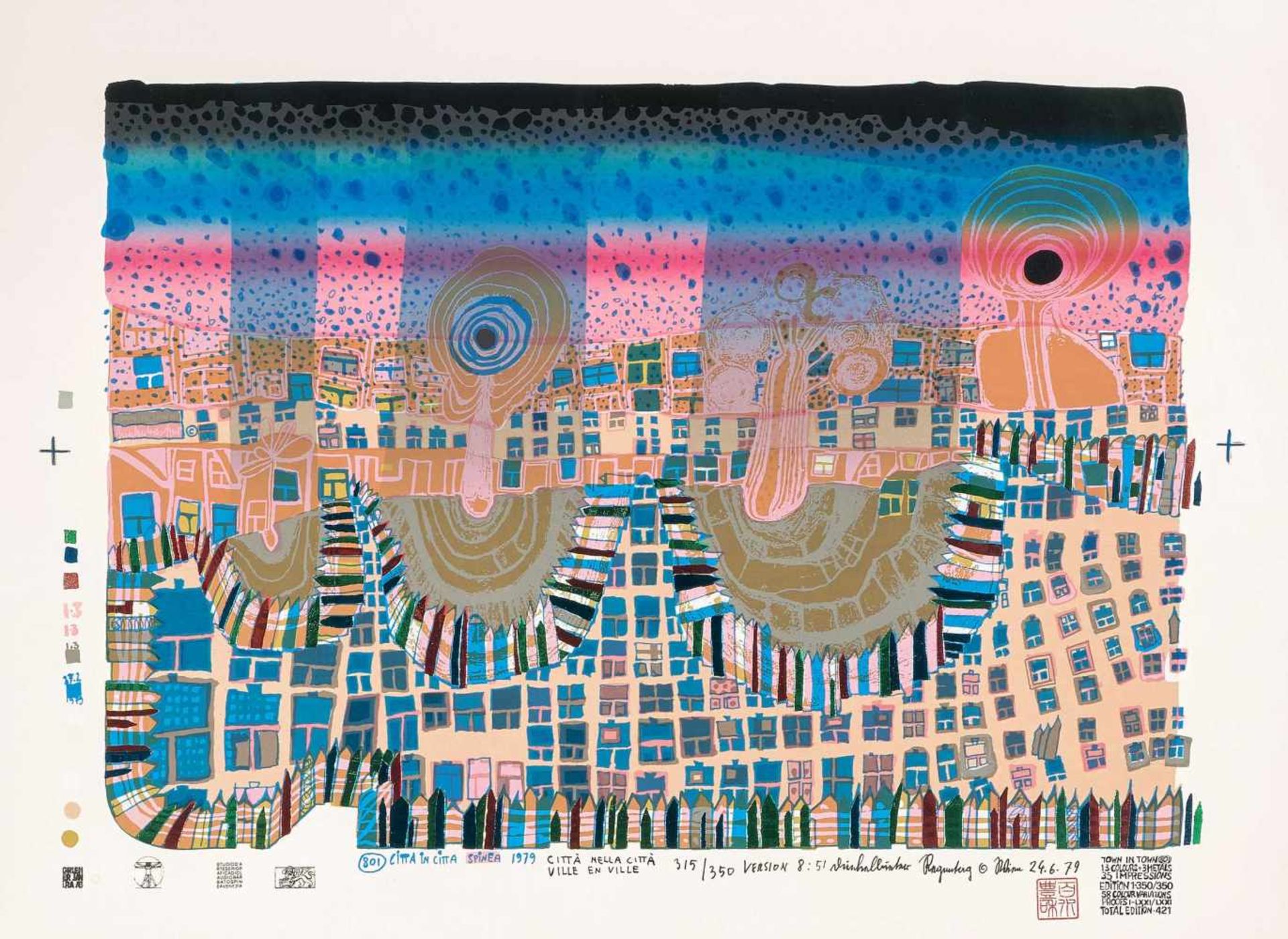 Hundertwasser, Friedensreich(Wien 1928–2000 Auf See)"Die Stadt-Stadt". 1979. Farbserigraphie mit