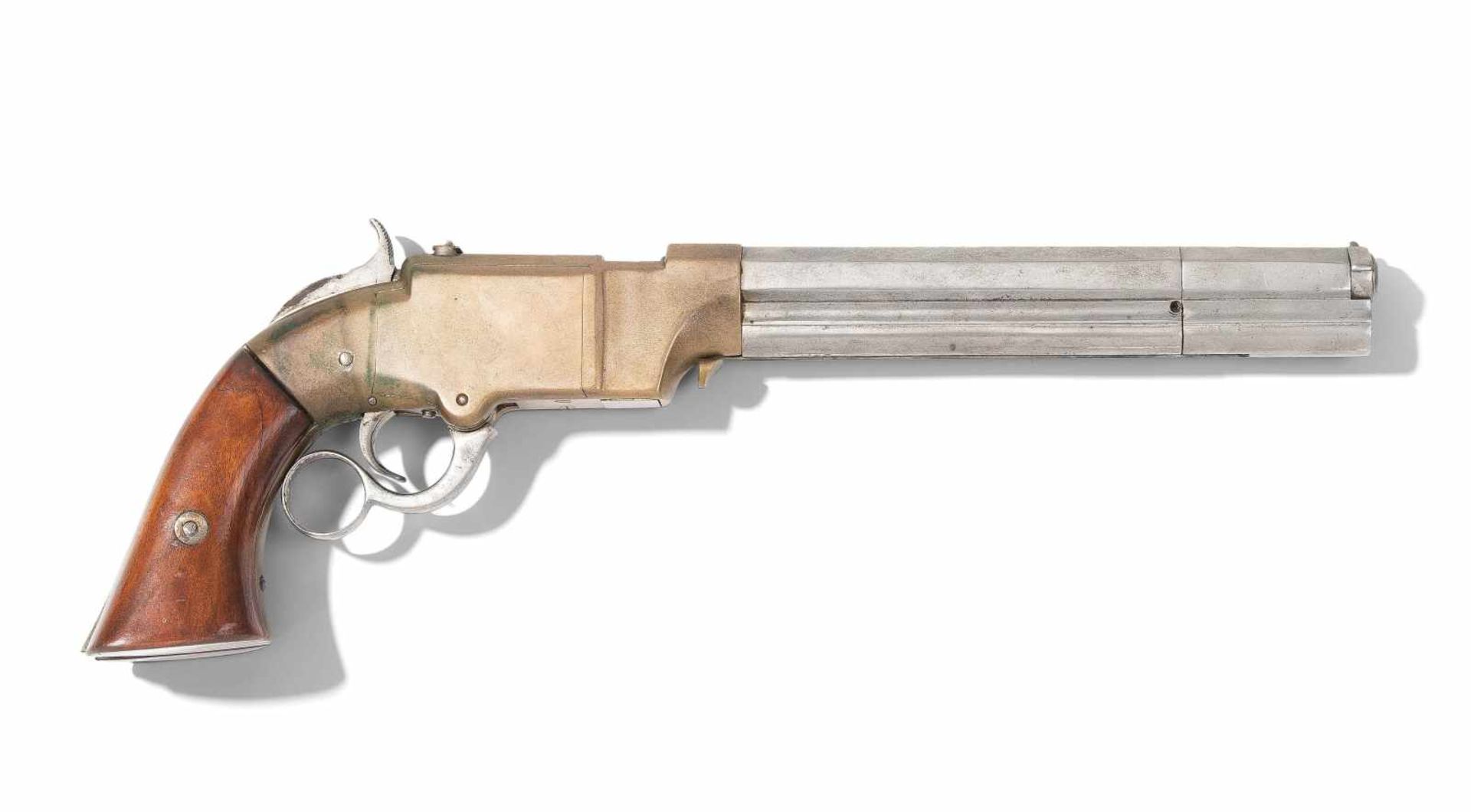 Repetierpistole VolcanicUSA, um 1859, Smith & Wesson. Oktogonallauf (L 18 cm), Kal. 41 mm,