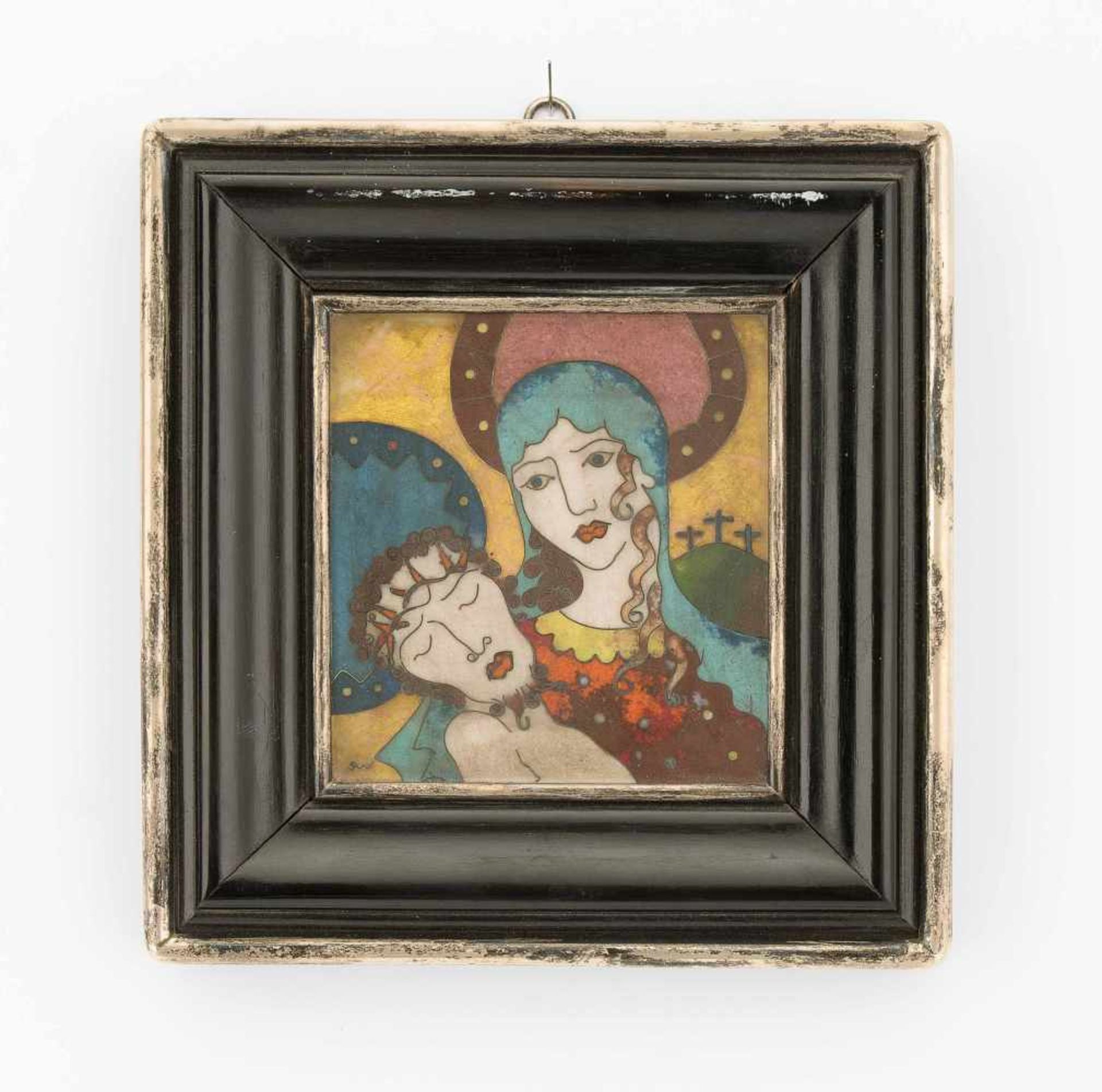 Kleines EmailbildUm 1930. Pièta-Darstellung. Email Cloisonné auf Tombak, Silberrahmen. 7x7,5 cm.