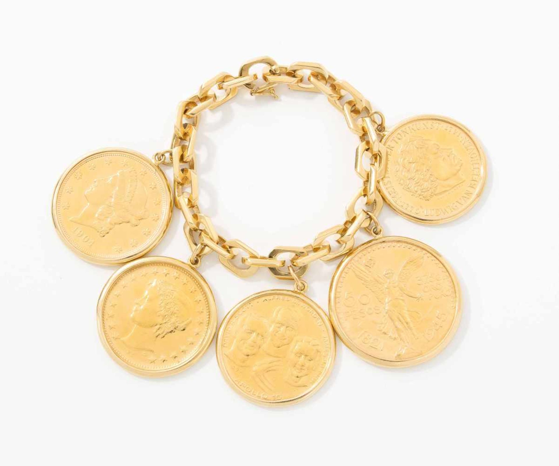 Münzen-Medaillen-Bracelet750 Gelbgold-Gliederkette. 5 diverse Goldmünzen: 900 Gelbgold bis Feingold.
