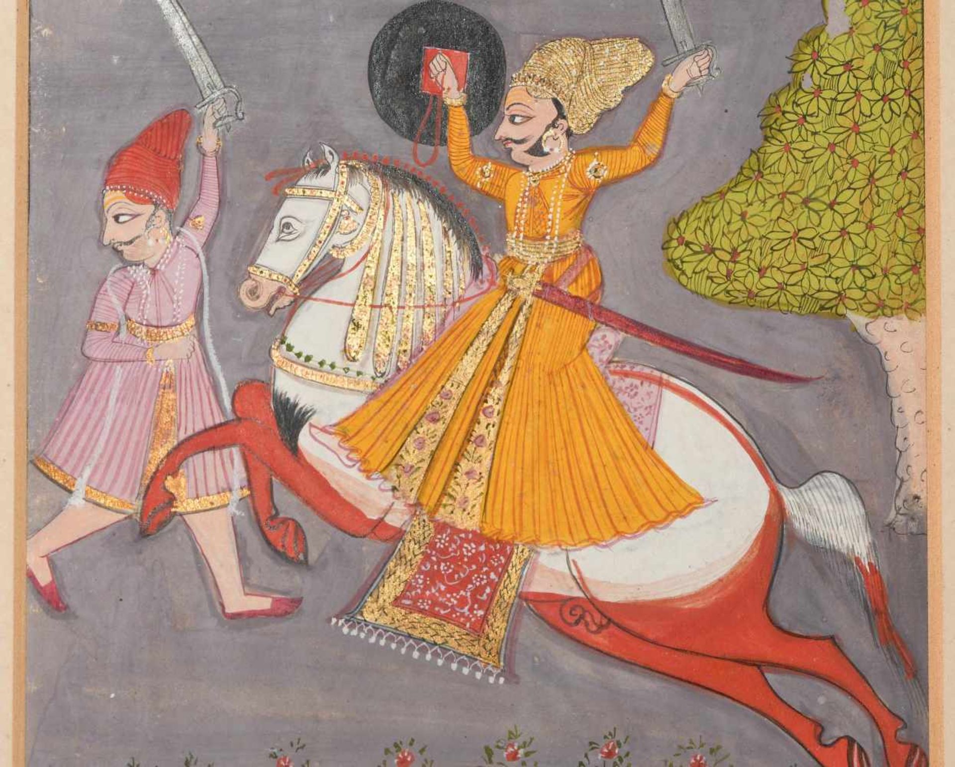 MiniaturmalereiIndien, Malwa oder Rajasthan. Pigmentfarben und Gold auf Papier. Fürst in gelbem - Bild 4 aus 7