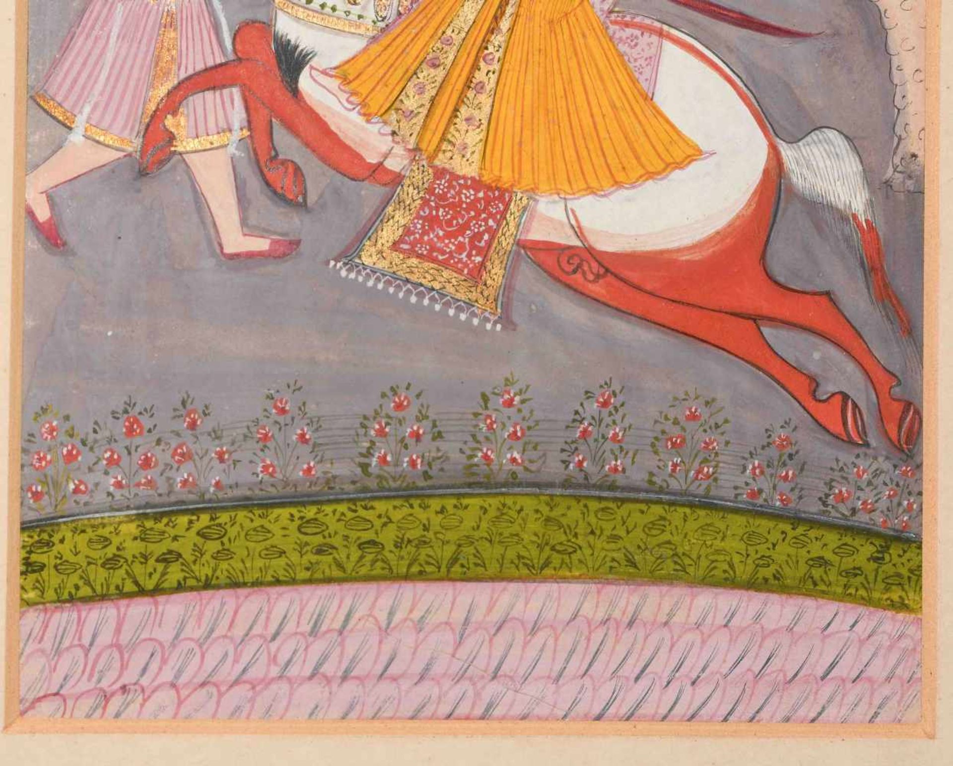 MiniaturmalereiIndien, Malwa oder Rajasthan. Pigmentfarben und Gold auf Papier. Fürst in gelbem - Bild 5 aus 7