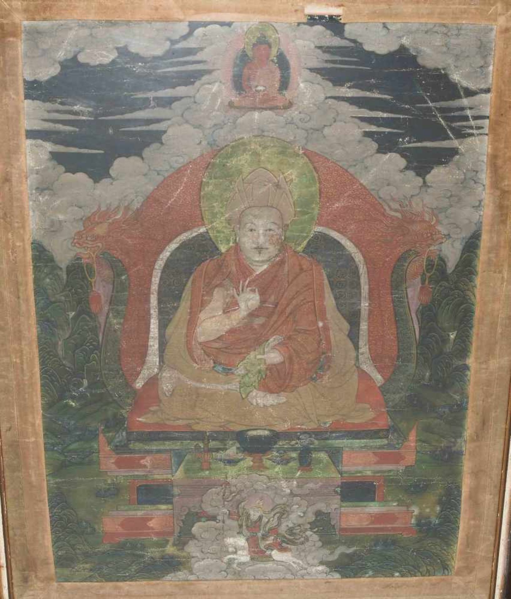 Thangka eines LamasTibet. Gouache und Gold auf Stoff. Auf Thron sitzender Lama, seine Rechte die - Bild 3 aus 9