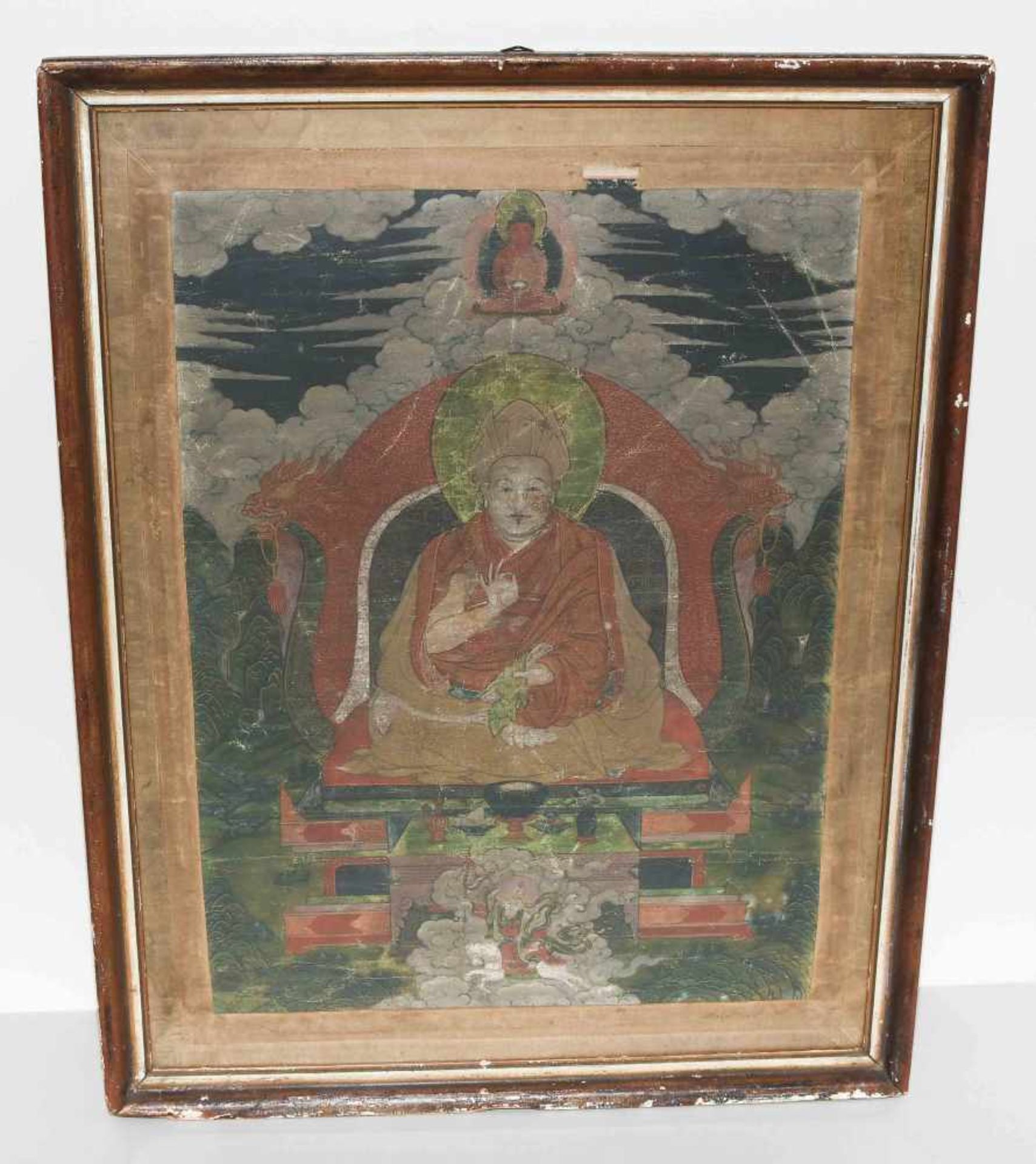 Thangka eines LamasTibet. Gouache und Gold auf Stoff. Auf Thron sitzender Lama, seine Rechte die - Bild 2 aus 9