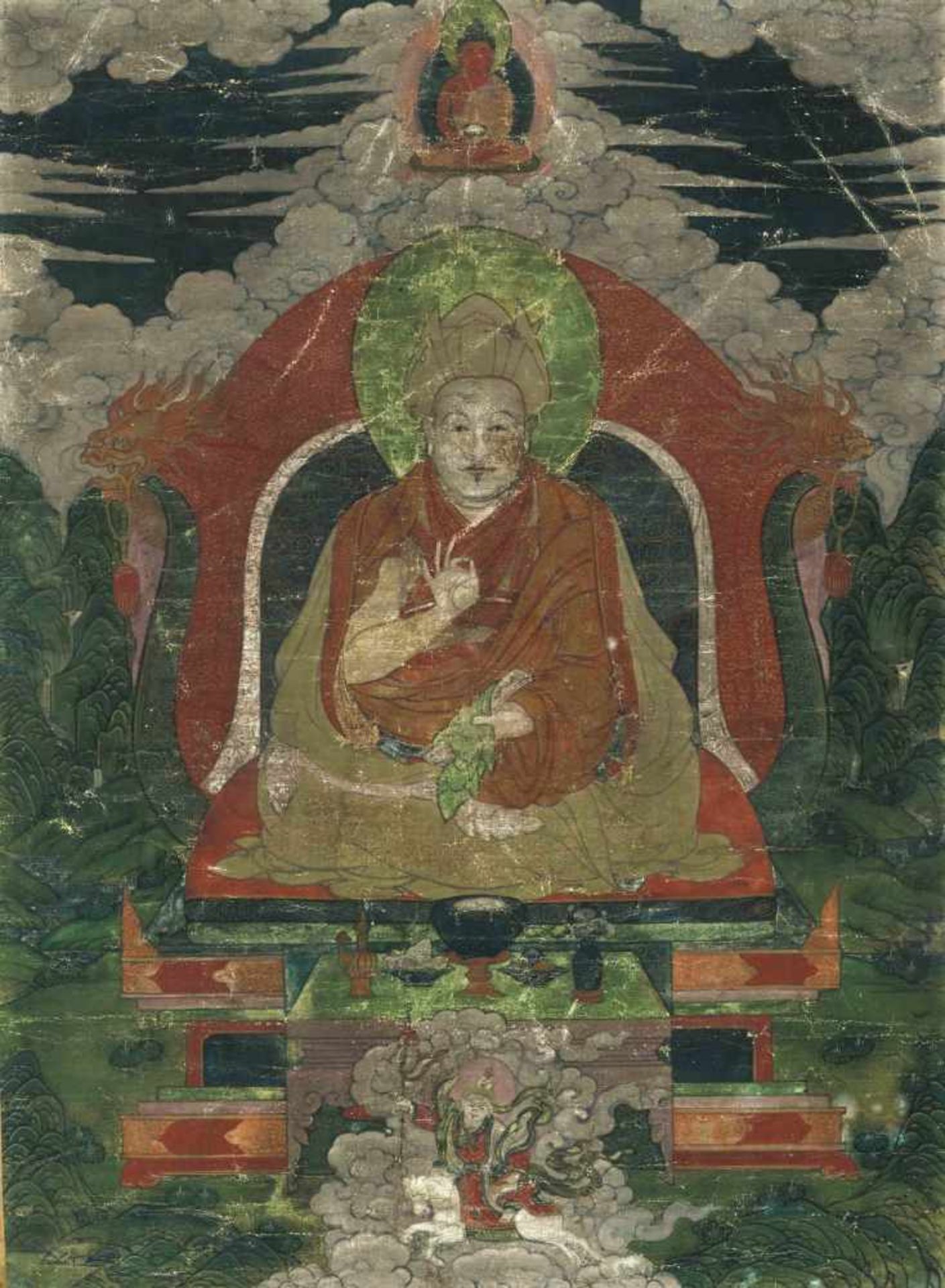 Thangka eines LamasTibet. Gouache und Gold auf Stoff. Auf Thron sitzender Lama, seine Rechte die