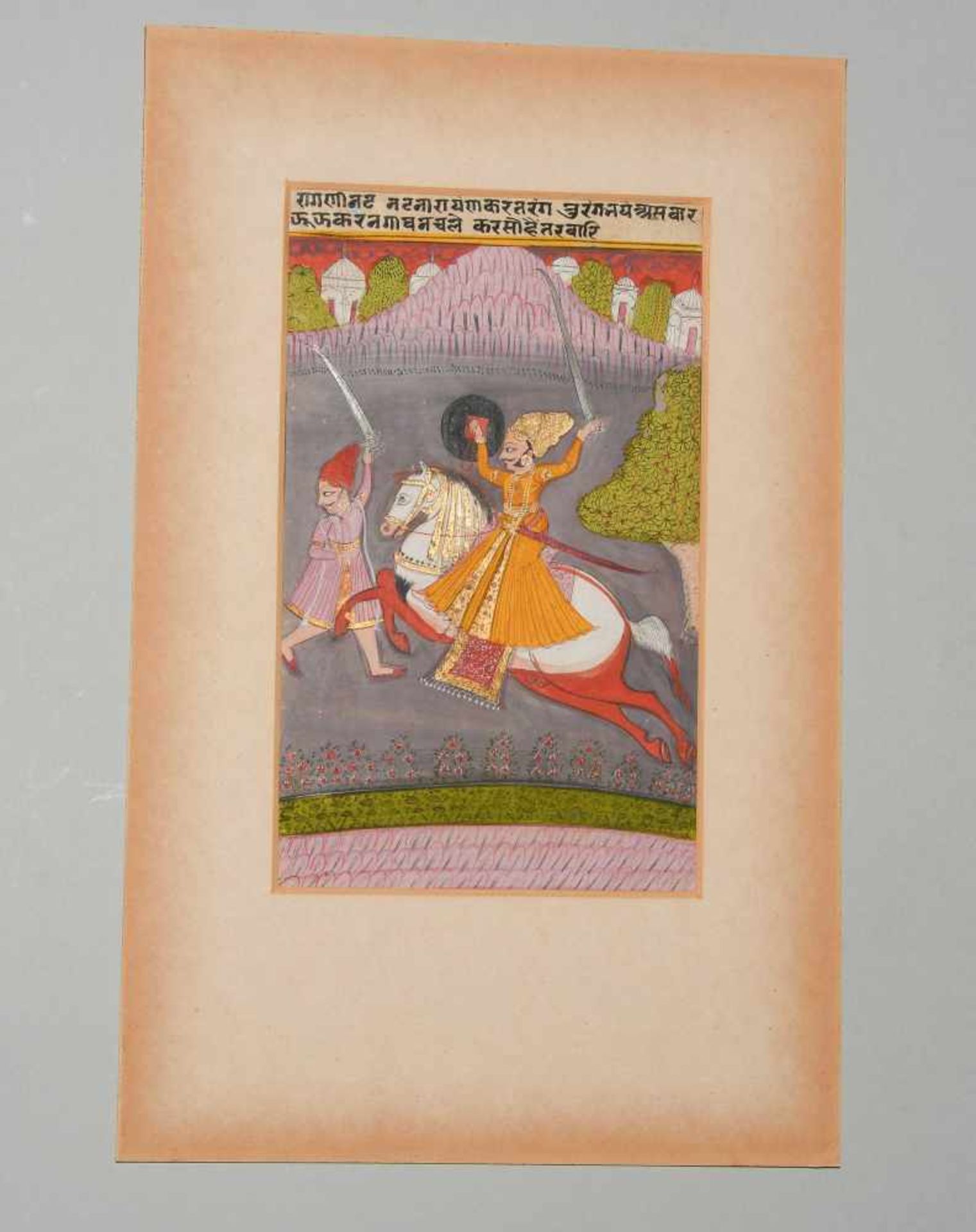 MiniaturmalereiIndien, Malwa oder Rajasthan. Pigmentfarben und Gold auf Papier. Fürst in gelbem - Bild 2 aus 7