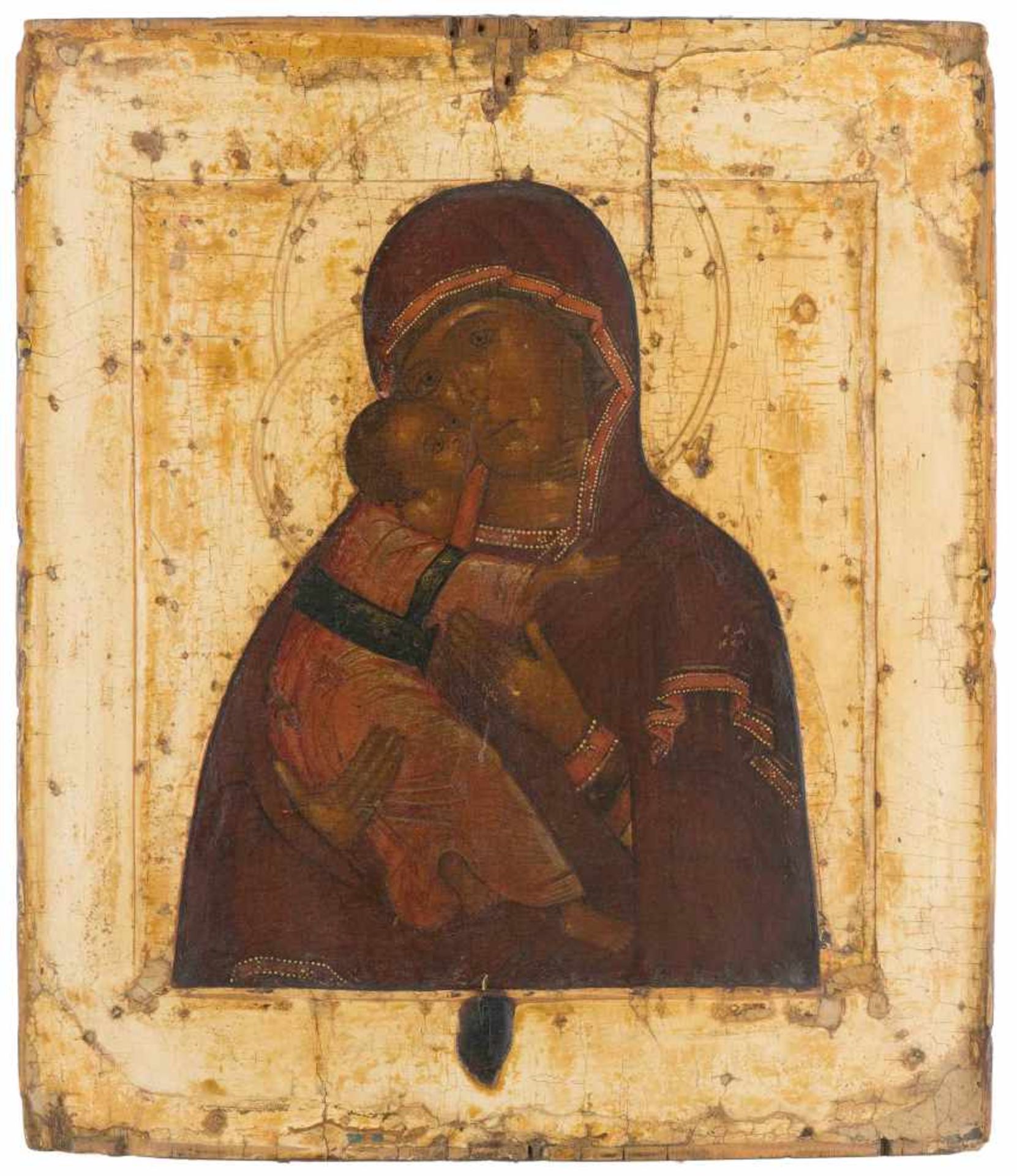 Gottesmutter von Wladimir mit vergoldeter SilberbasmaRussisch, Ende 18.Jh. (1) Ikone. Tempera über - Bild 2 aus 3