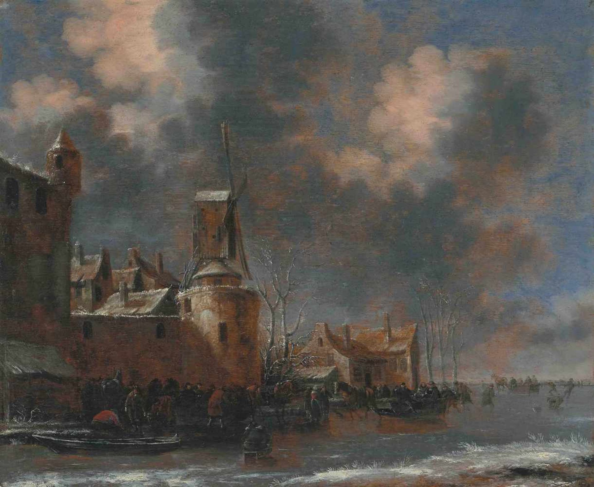 Heeremans, Thomas (Haarlem 1640–1697)Winterliche Flusslandschaft mit Städtchen. Öl auf Holz. Unten