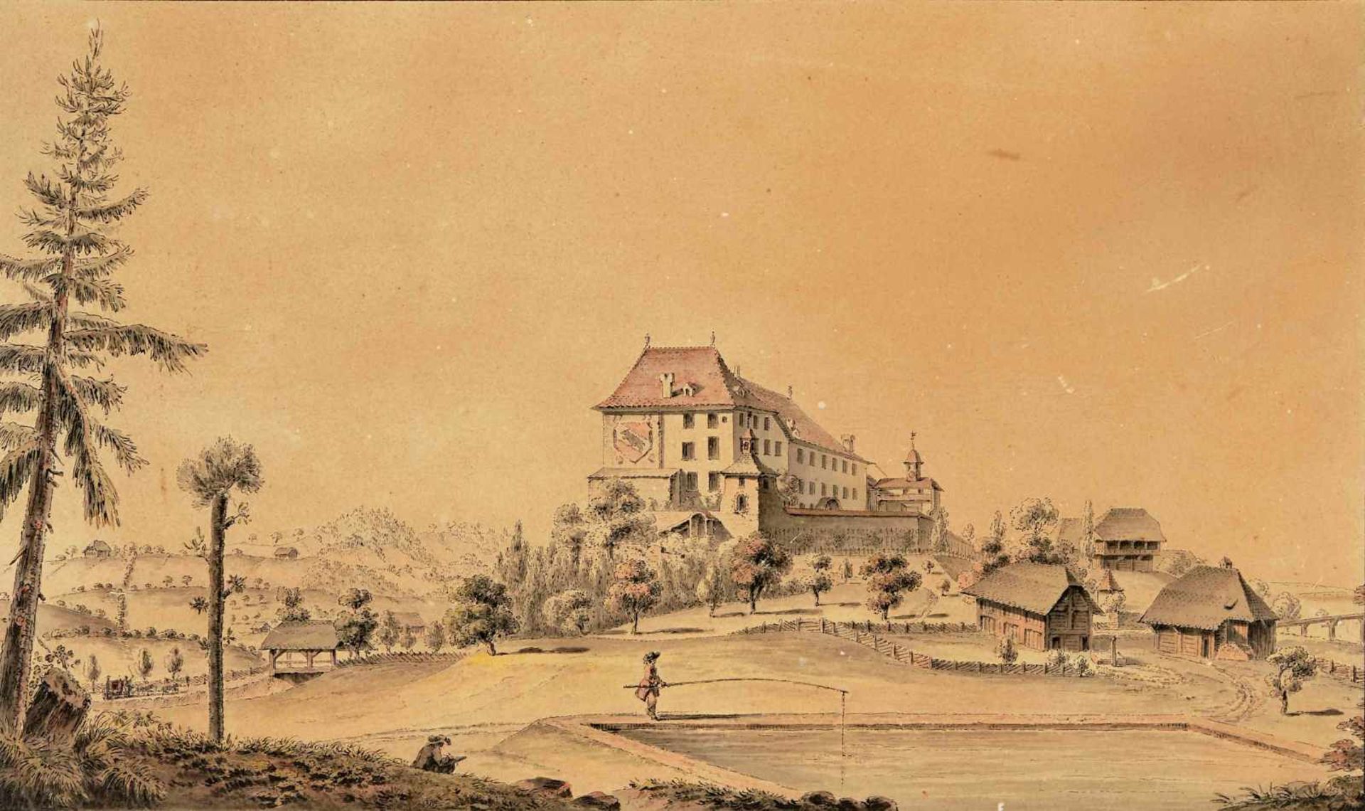Wyss, Caspar(Emmen 1762–1798 Mannheim)Gegenstücke. Blick auf Schloss Trachselwald. / Blick auf ein - Bild 3 aus 3