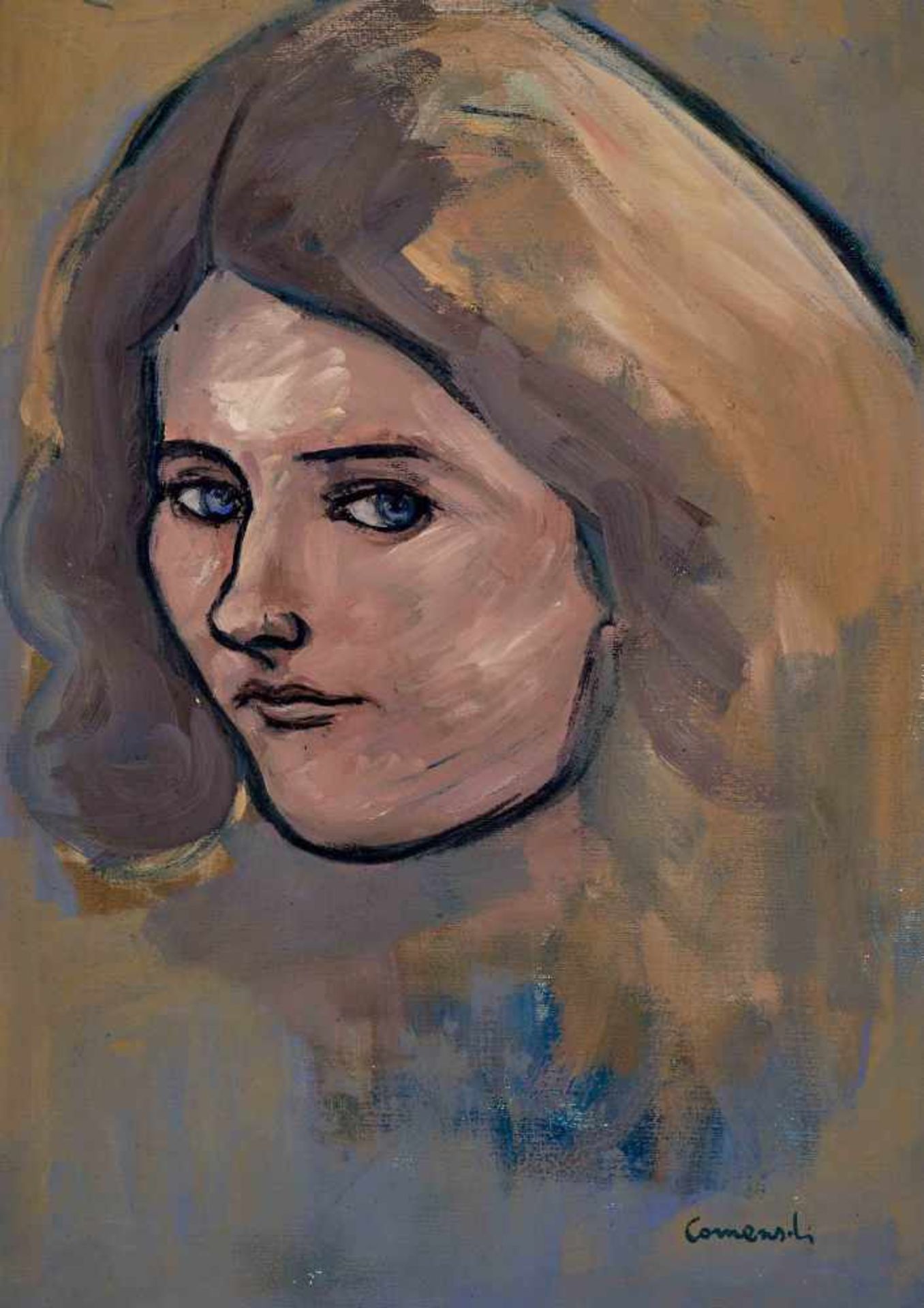 Comensoli, Mario(Lugano 1922–1993 Zürich)Frauenportrait. Gouache auf Papier auf Pavatex. Unten