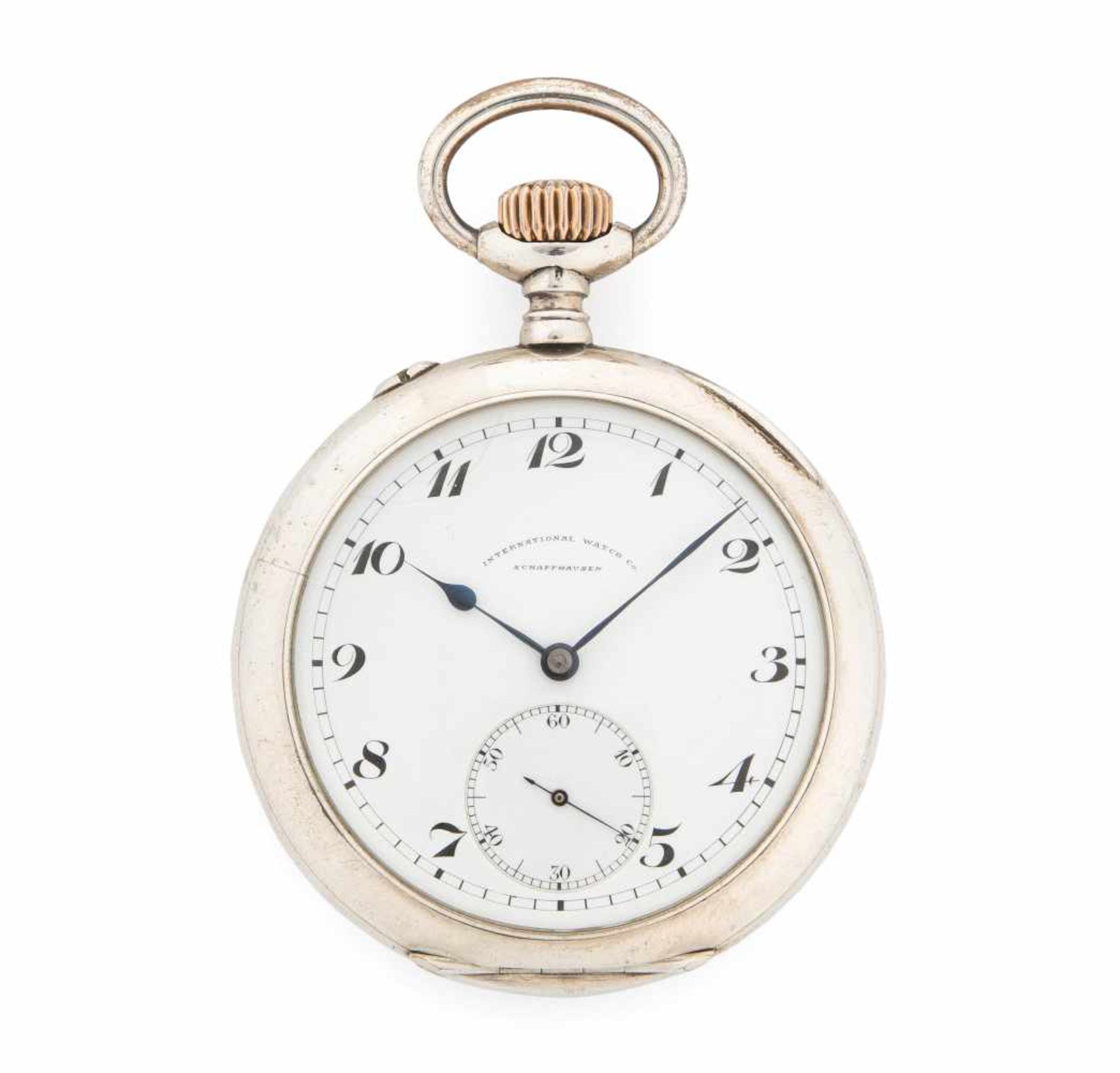 IWCRunde, mechanische Taschenuhr 1904 mit Handaufzug in Silbergehäuse. Rückendeckel gedrückt mit