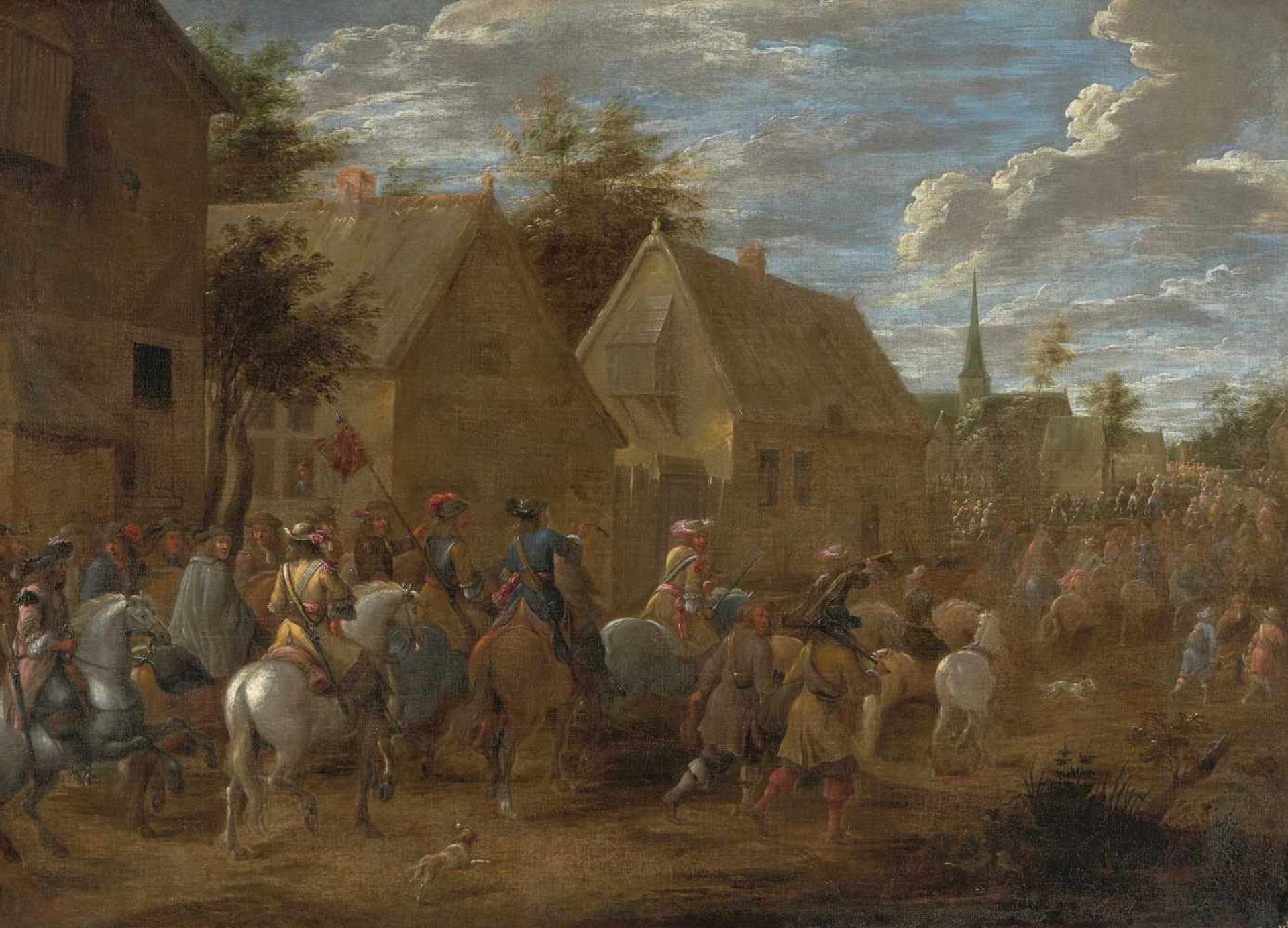 Hondt, Lambert de I(vor 1620–1665 Mechelen)Reitertruppen ziehen in ein Dorf ein. Wohl um 1665. Öl