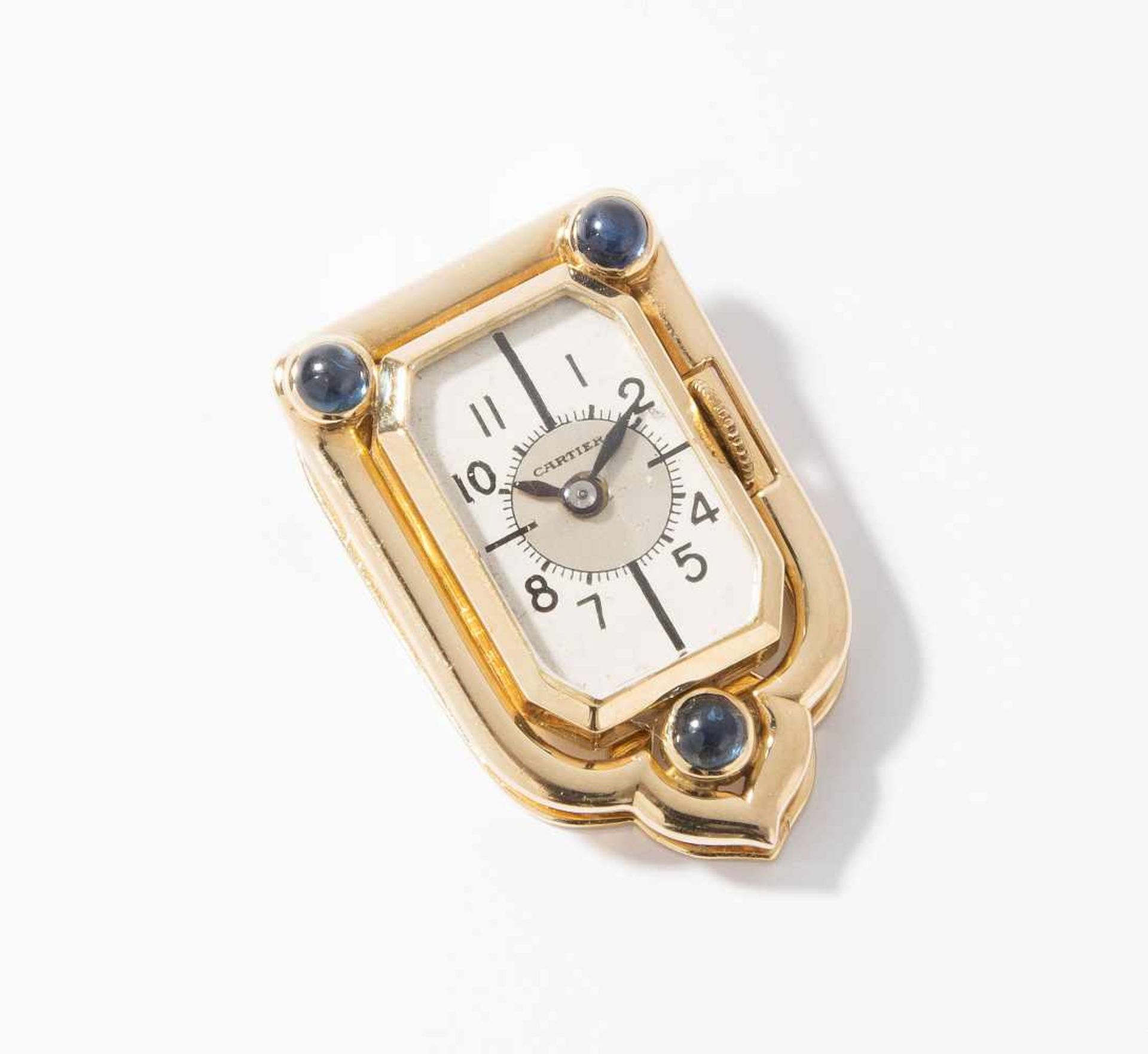 Cartier Saphir-Uhrenclip1940er Jahre. Werk und Gehäuse von James Schulz, NY. 585 Gelbgold. Gehäuse
