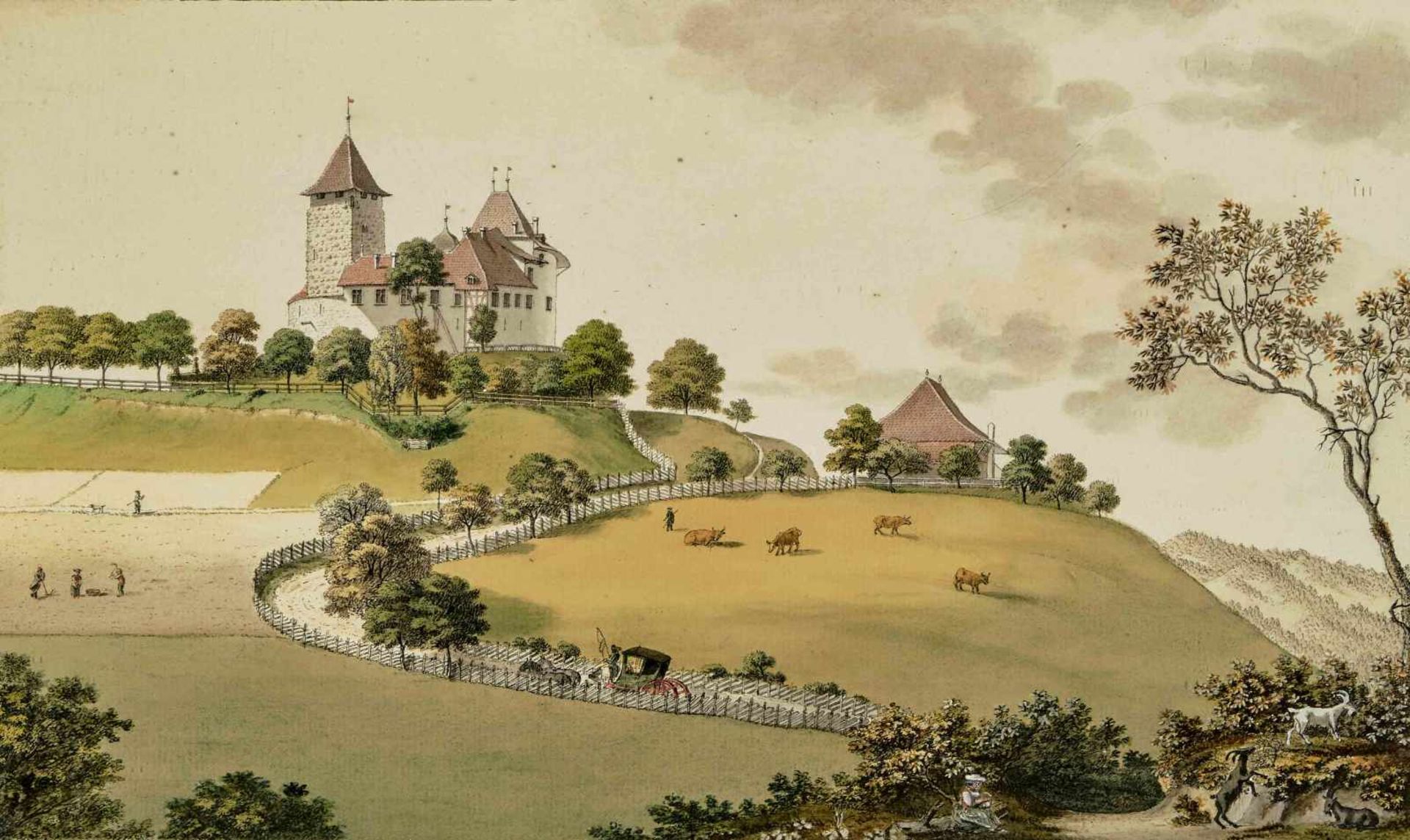 Wyss, Caspar(Emmen 1762–1798 Mannheim)Gegenstücke. Blick auf Schloss Trachselwald. / Blick auf ein - Bild 2 aus 3