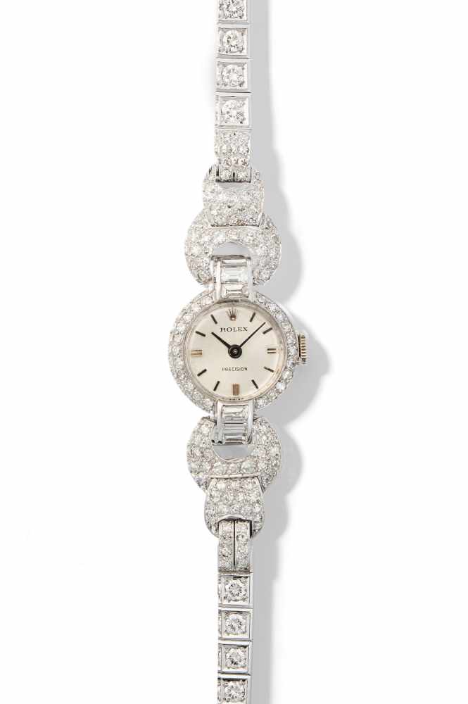 Rolex-Diamant-DamenarmbanduhrGehäuse Nr. 2429. Handaufzug Rolex Cal. 1401. 950 Platin/750 Weissgold.